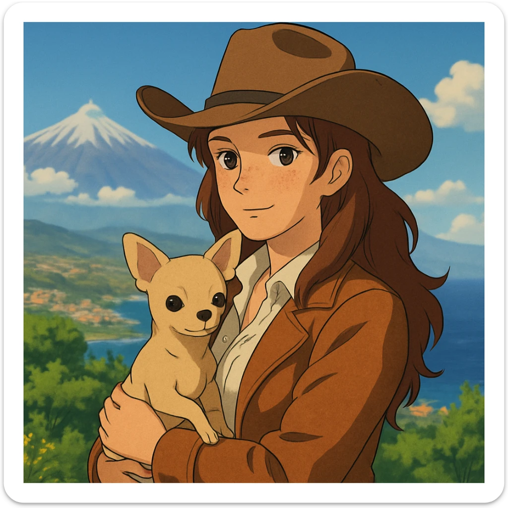 portrait of a cowgirl woman wearing a cream shirt and cognac jacket, freckles, tanned skin, hazel eyes, auburn hair, holding a beige chihuahua in her arms, blurred background of Tenerife, Ghibli style sticker