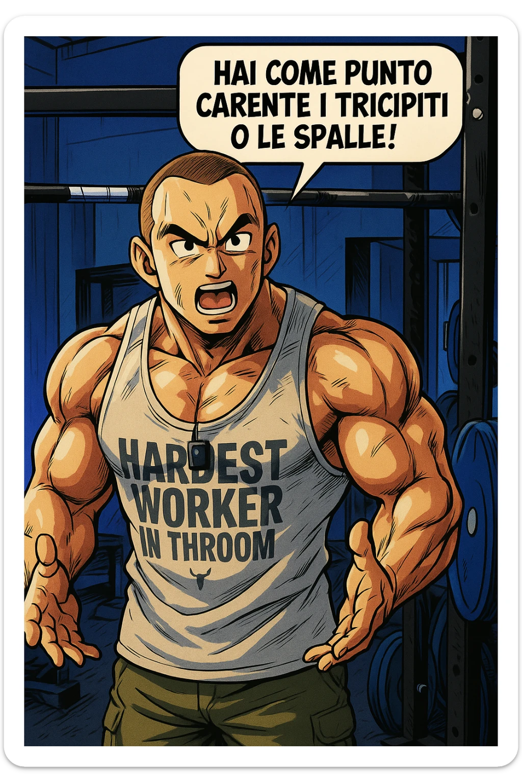 Personal trainer che dice al suo allievo, "hai come punto carente i tricipiti o le spalle!" Stile manga di Dragon Ball sticker