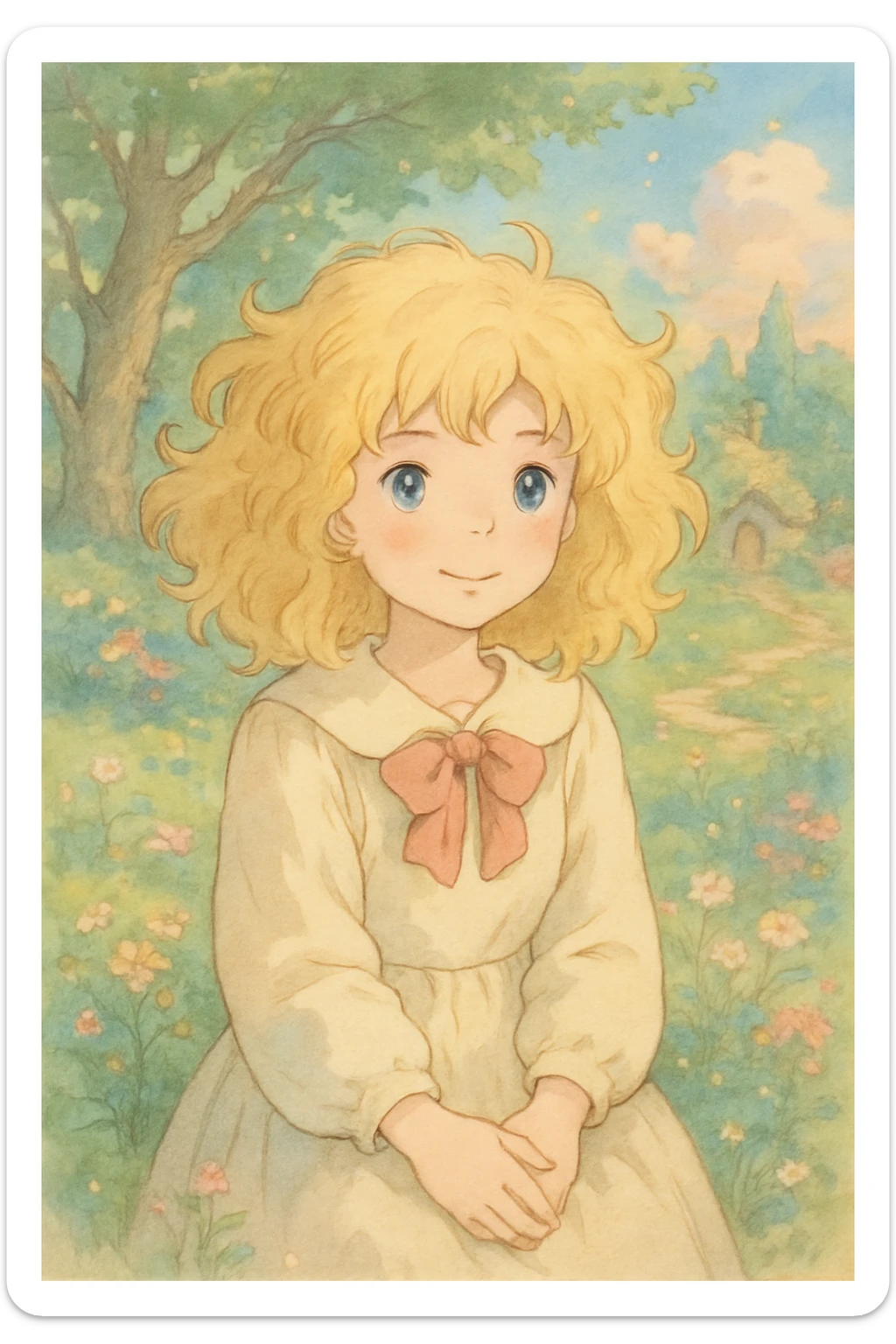 a girl with blonde curly hair, ghibli style sticker