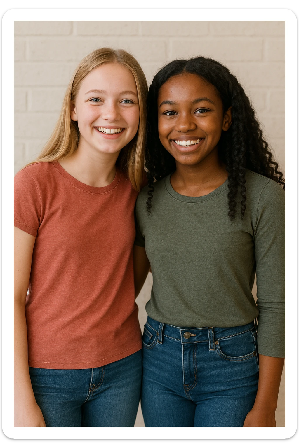 two teenage girls standing next to each other, one with light skin and blonde hair, the other with dark skin and black hair, both smiling, casual clothing, friendly atmosphere sticker