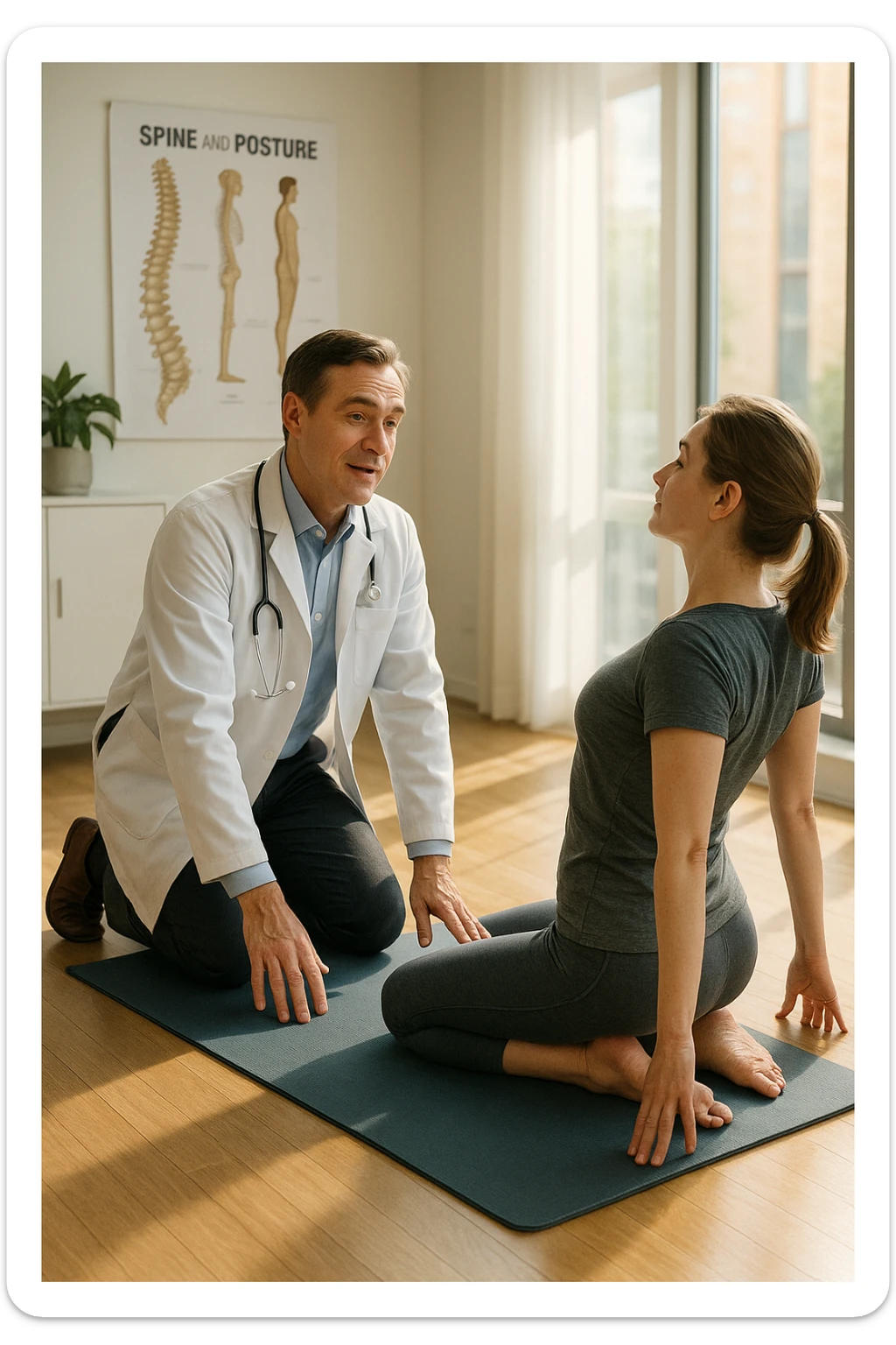A realistic, cinematic illustration of a professional doctor in a white coat inside a bright, modern medical office, demonstrating a simple stretching exercise to a patient for improving posture. The doctor, calm and encouraging, shows a gentle spinal extension stretch while explaining its benefits for posture and spinal health, with an anatomical poster of the spine and posture alignment in the background. The scene includes a yoga mat, clean wooden floors, and natural light streaming through large windows, creating a warm, health-focused atmosphere. The patient, in comfortable activewear, watches and mirrors the stretch, emphasizing the preventive and therapeutic role of stretching for posture correction under medical guidanc sticker