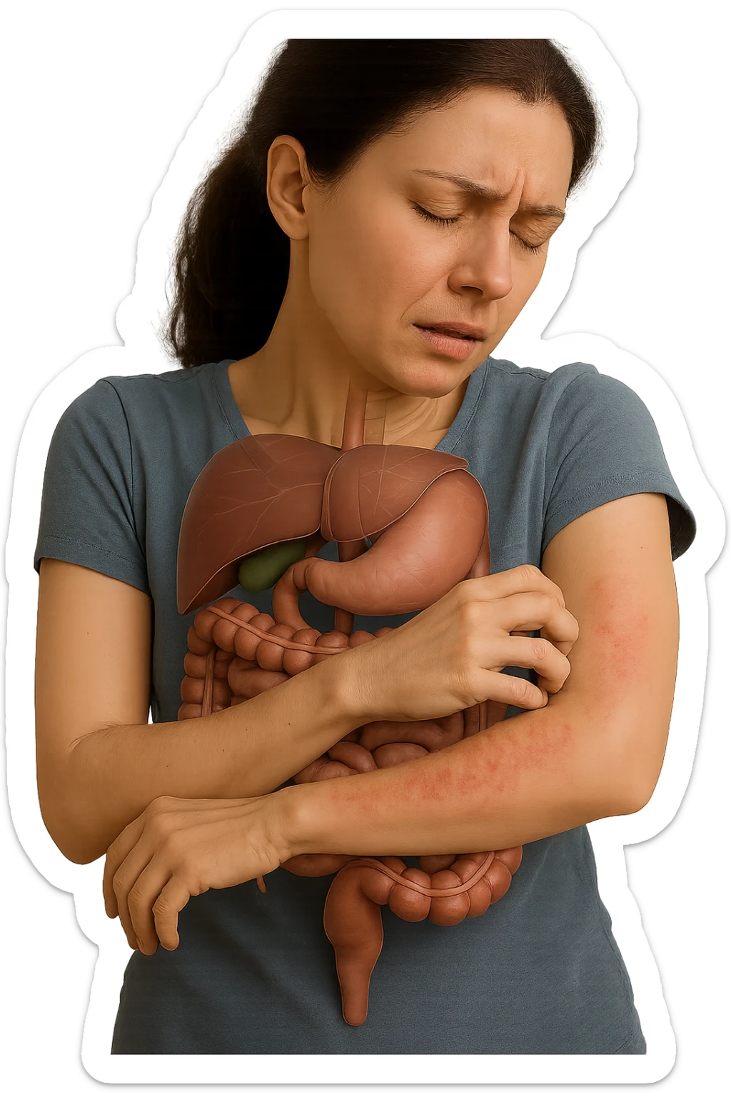 donna con intestino umano anatomico realistico che si gratta il braccio su cui ha un'eritema, iperrealistica 4k sticker