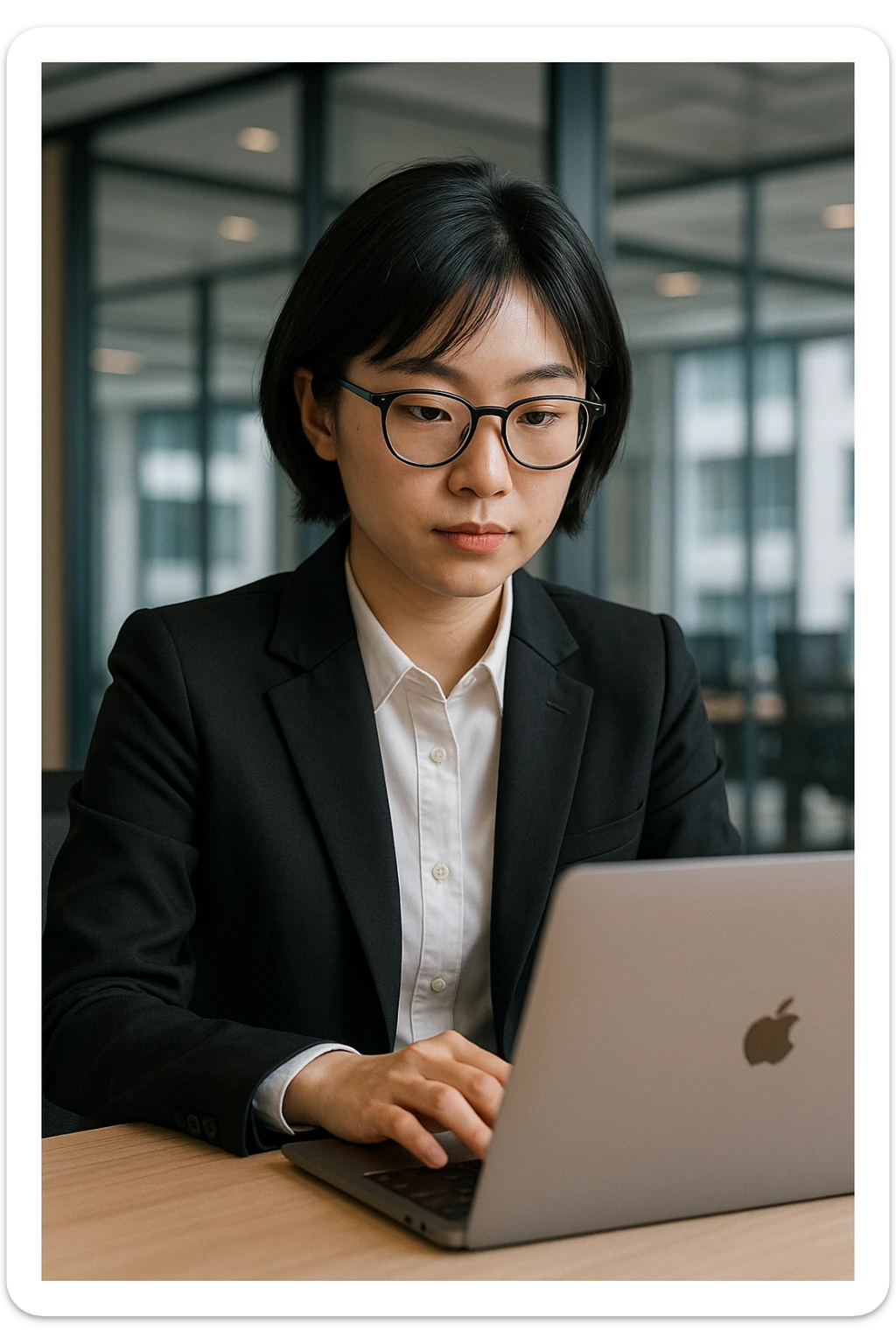 Professional Asian girl with short black hair, glasses, using a Mac laptop, in a suit sticker