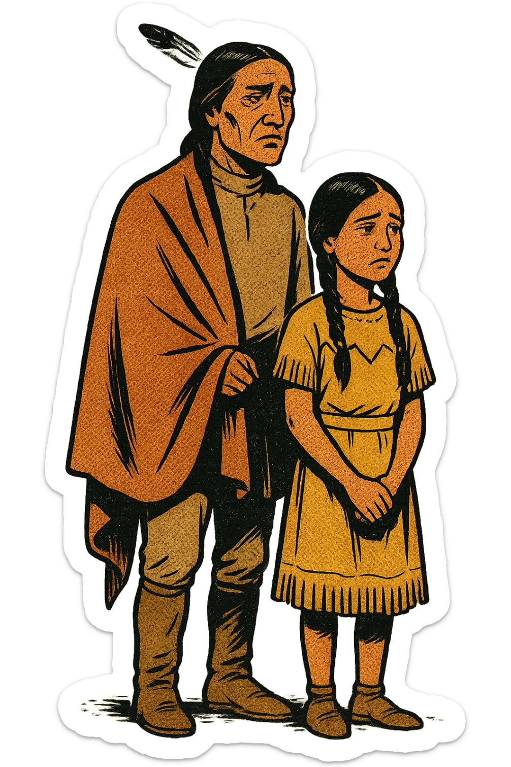 The full body of a native american father his daughter from the 1880s standing up straight with their heads held high but looking sad. bOTH ARE LOOKING IN THE SAME DIRECTION sticker