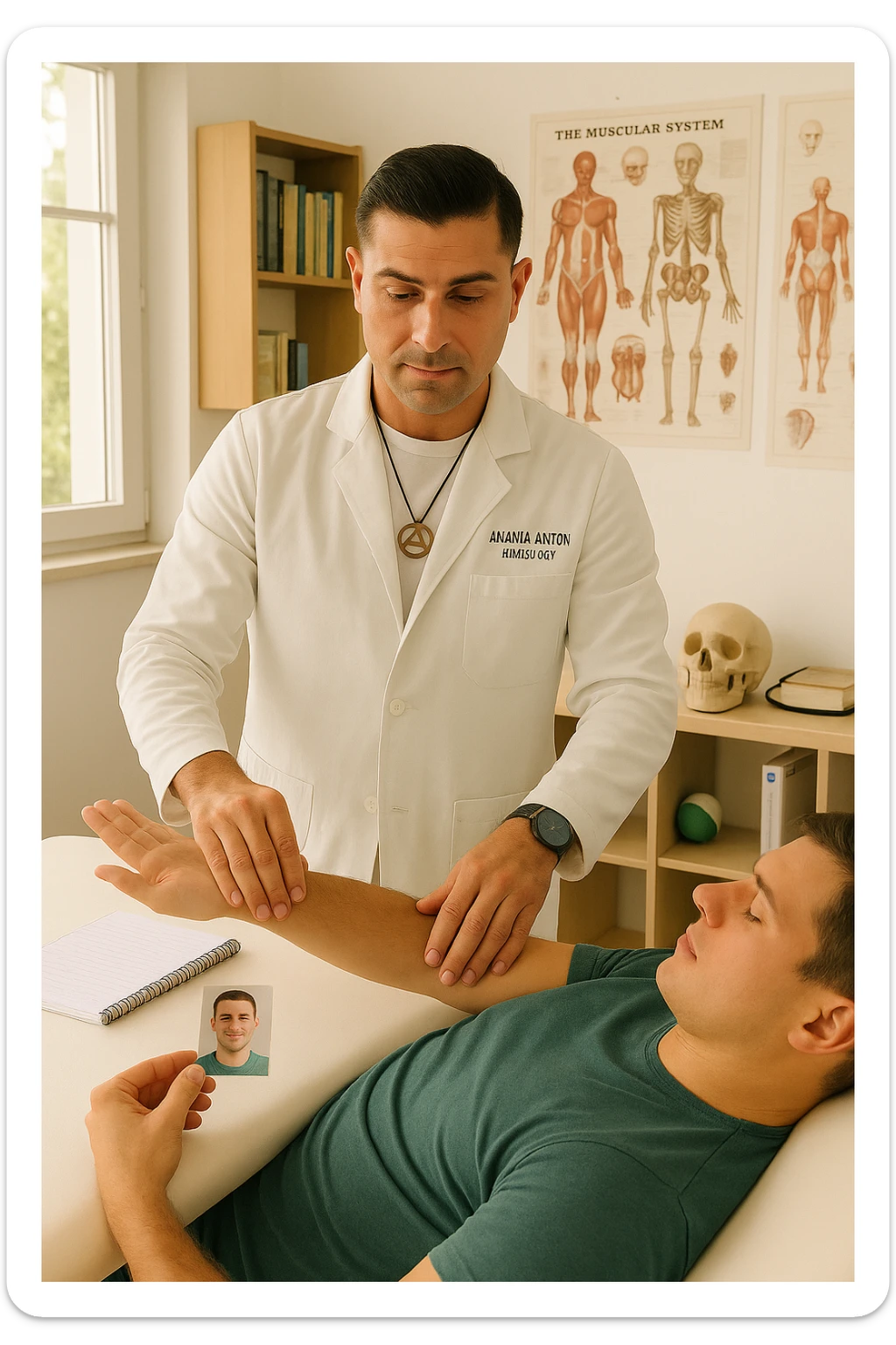 a middle-aged man, dressed in casual professional attire, is in a bright, organized therapy studio. Durante una visita di kinesiologia, il praticante tiene con una mano la foto di una persona lontana (il “testimone”) appoggiata su un tavolo, mentre con l’altra mano esegue un test muscolare su un cliente presente. Sullo sfondo si vedono libri di kinesiologia, poster anatomici e strumenti tipici della disciplina. L’atmosfera è concentrata e serena, con luce naturale che entra dalla finestra, sottolineando l’aspetto alternativo e umano della pratica. sticker