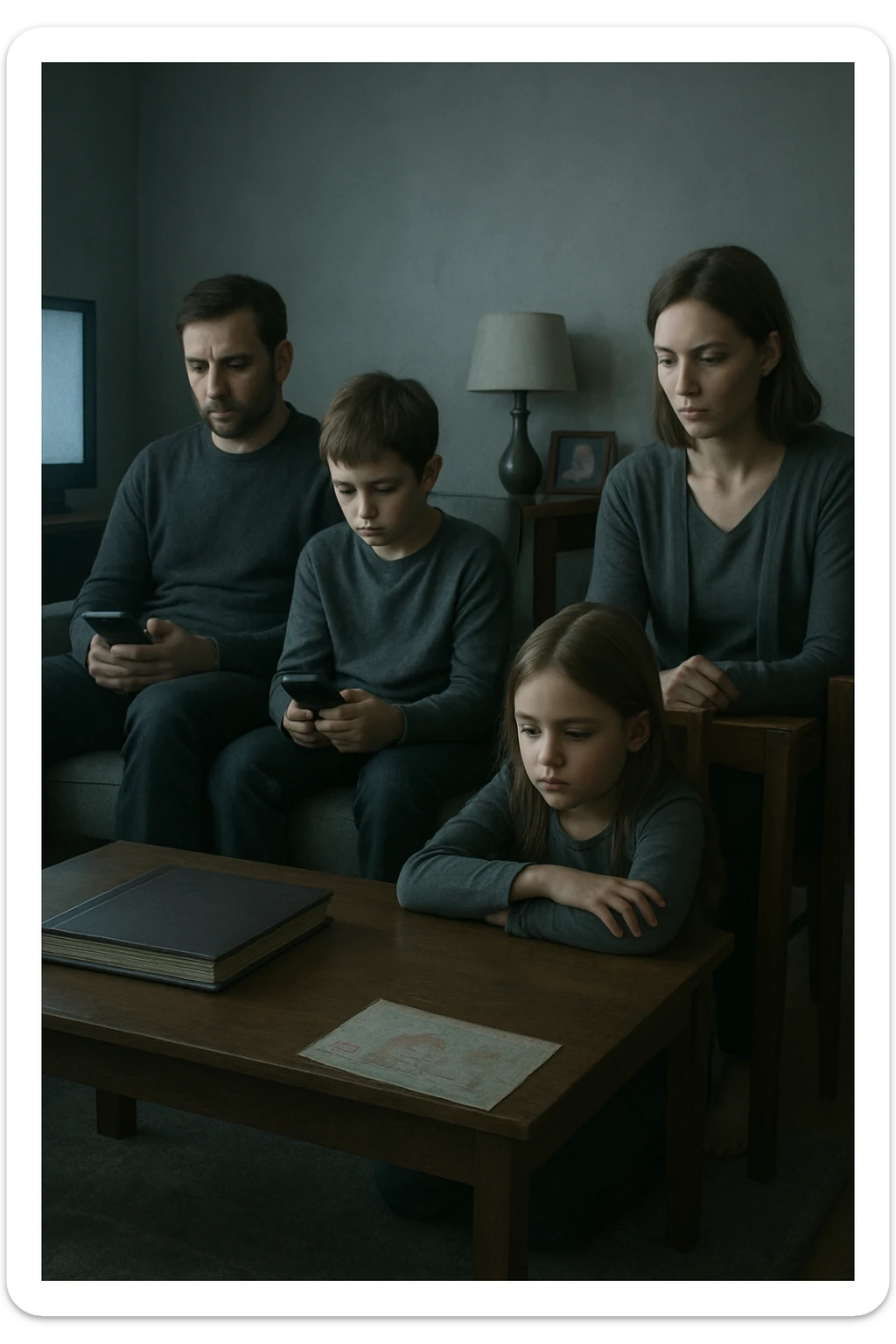 Famiglia composta da padre, madre e uno o due figli seduti nello stesso ambiente domestico (salotto o tavola da pranzo), ma ciascuno è assorto nei propri pensieri, con espressioni spente e distaccate. Nessuno si guarda o sorride. I colori dell’ambiente sono freddi e grigi, la luce è debole. Intorno a loro, simboli di disconnessione: telefoni in mano, TV accesa ma ignorata, silenzio. L’atmosfera è visivamente carente di calore emotivo. Nessun contatto fisico, postura rigida. Un dettaglio visivo come un album di foto chiuso sul tavolo o un disegno dei figli dimenticato sul pavimento accentua la mancanza di dolcezza e unione sticker