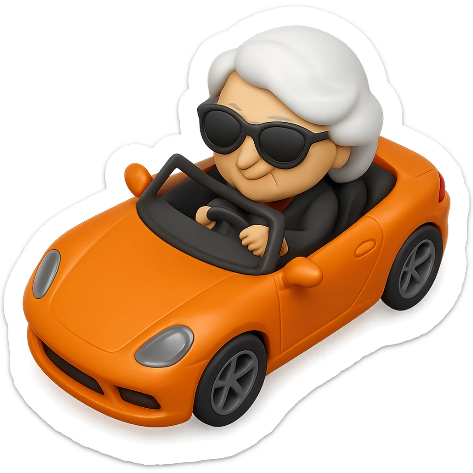 Show the old lady with white hair in the orange sports car from a top-down angle, in 3D emoji style, realistic, wearing sunglasses, no background. The style should resemble Microsoft style 3D fluent emojis with realistic details and no background. sticker