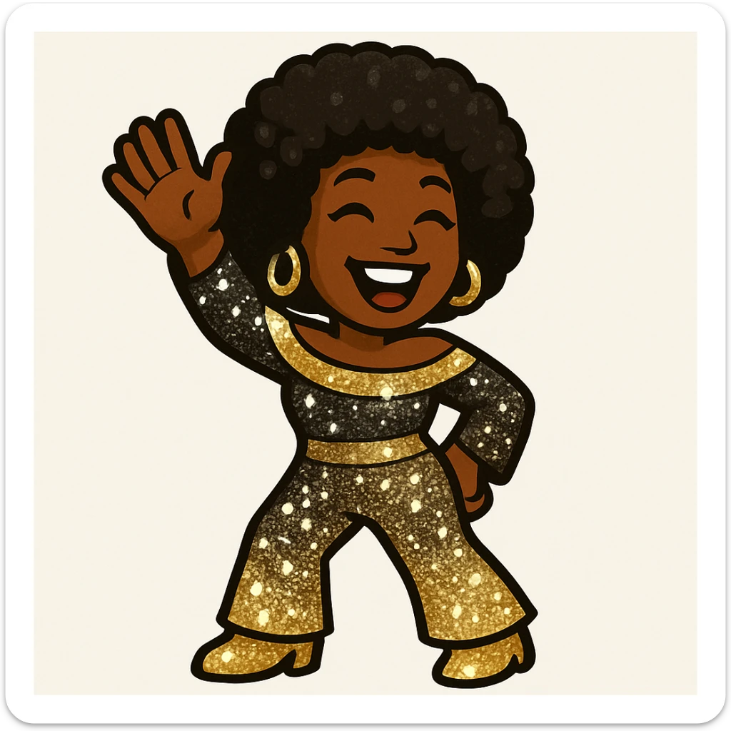 Create a 1970s disco emoji of a female African American waving with a joyful expression, afro hairstyle, and a sparkling disco outfit using only gold, silver, black, and white colors. The style is vibrant and pop colors icon style. sticker