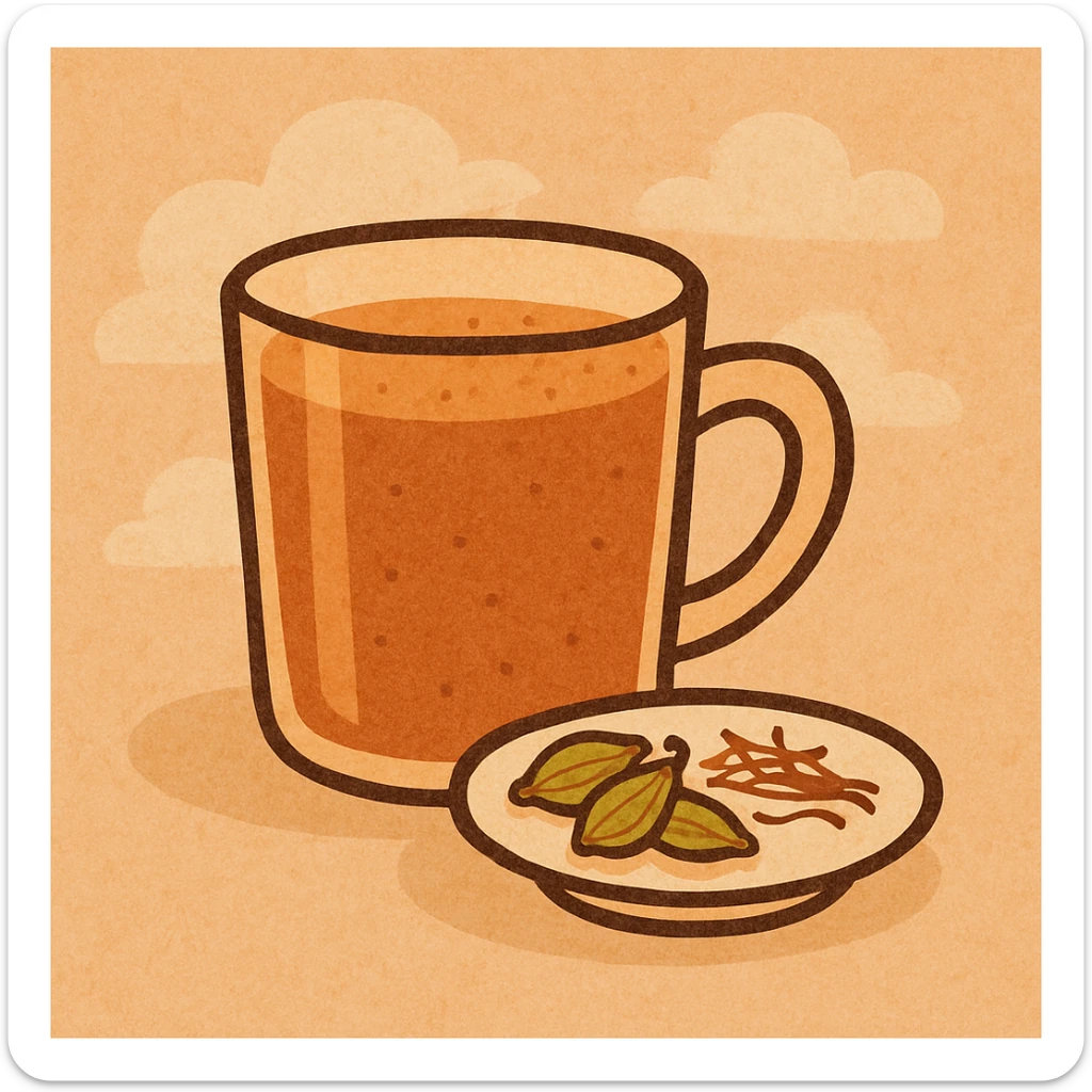 cartoon style karak tea in a glass cup, with a small plate of cardamom and saffron beside it sticker