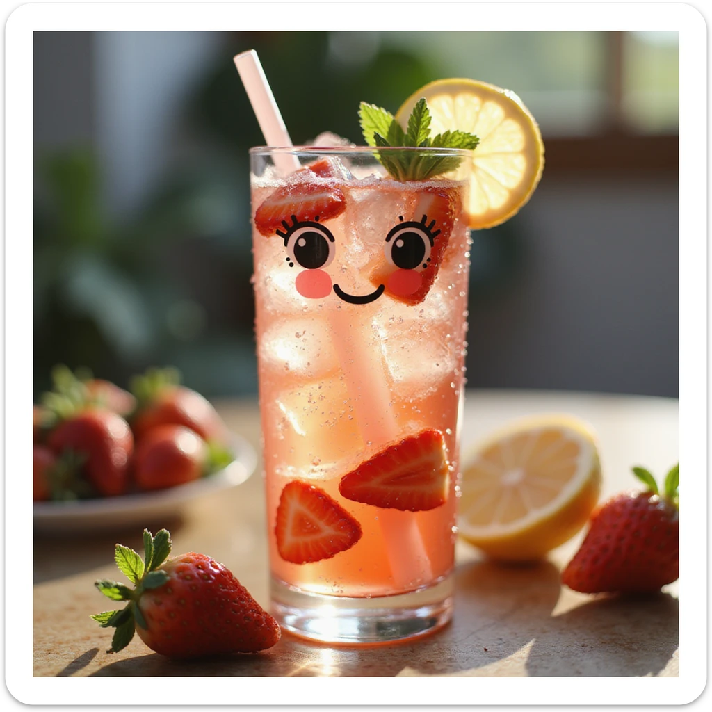 photorealistic strawberry spritz lemonade character in a tall glass filled with sparkling pink lemonade, strawberry slices, ice cubes, fizz, lemon slice and mint sprig on the rim, glass straw, subtle face formed by condensation with lifelike eyes and gentle smile, elegant summery sticker