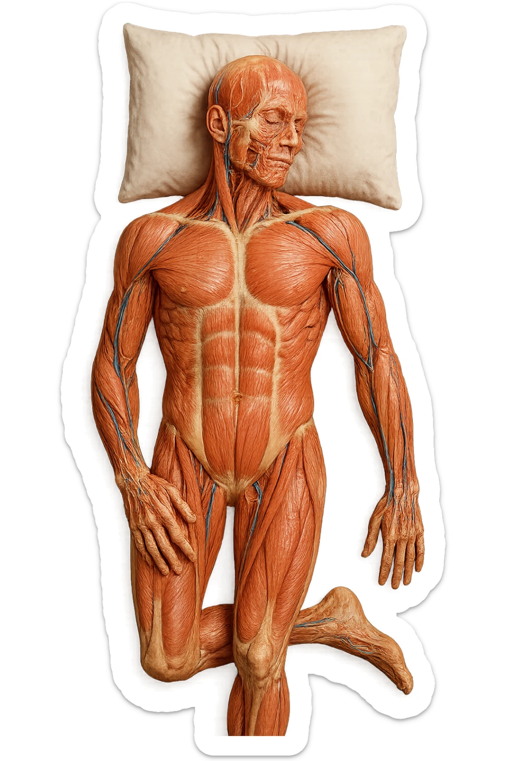 corpo umano anatomico CON TESTA SUL CUSCINO PERCHé STA DORMENDO, VISTO DALL'ALTO, iperrealistico 4k sticker