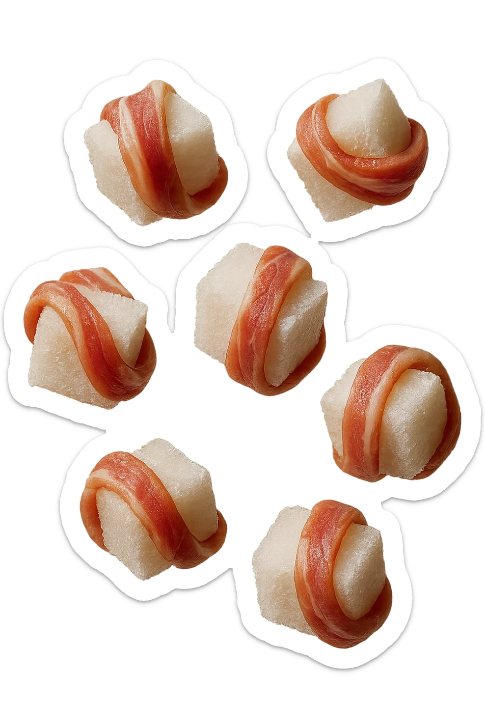 zollette di zucchero fluttuano in aria con pezzi di colon arrotolati intorno ad ogni zolletta, iperrealistico 4k sticker