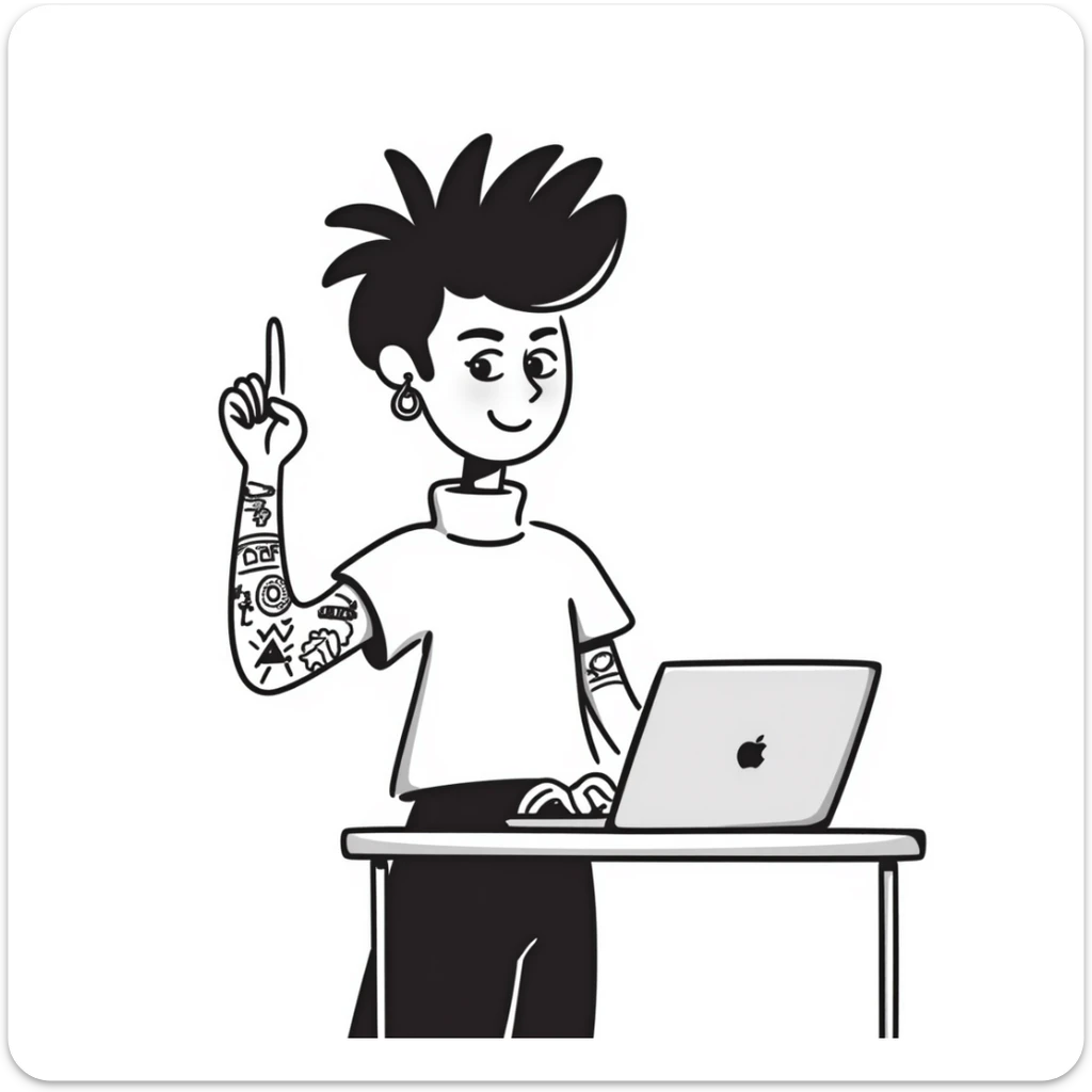 Punk rock female student with mohawk, facial piercings and full sleeve tattoos, smiling confidently while raising hand in class, laptop on desk, wearing band t-shirt sticker