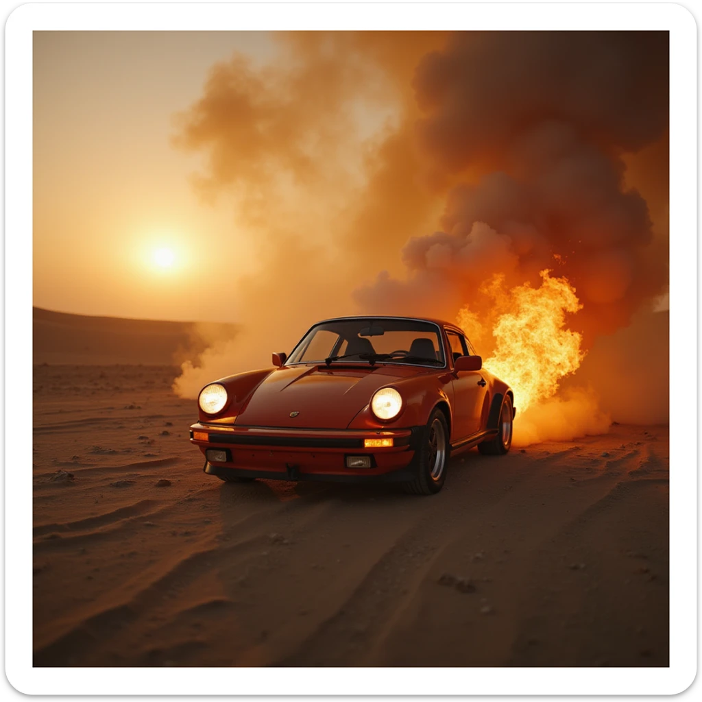 Cinematic shot, Porsche 911 in fire, desert sticker