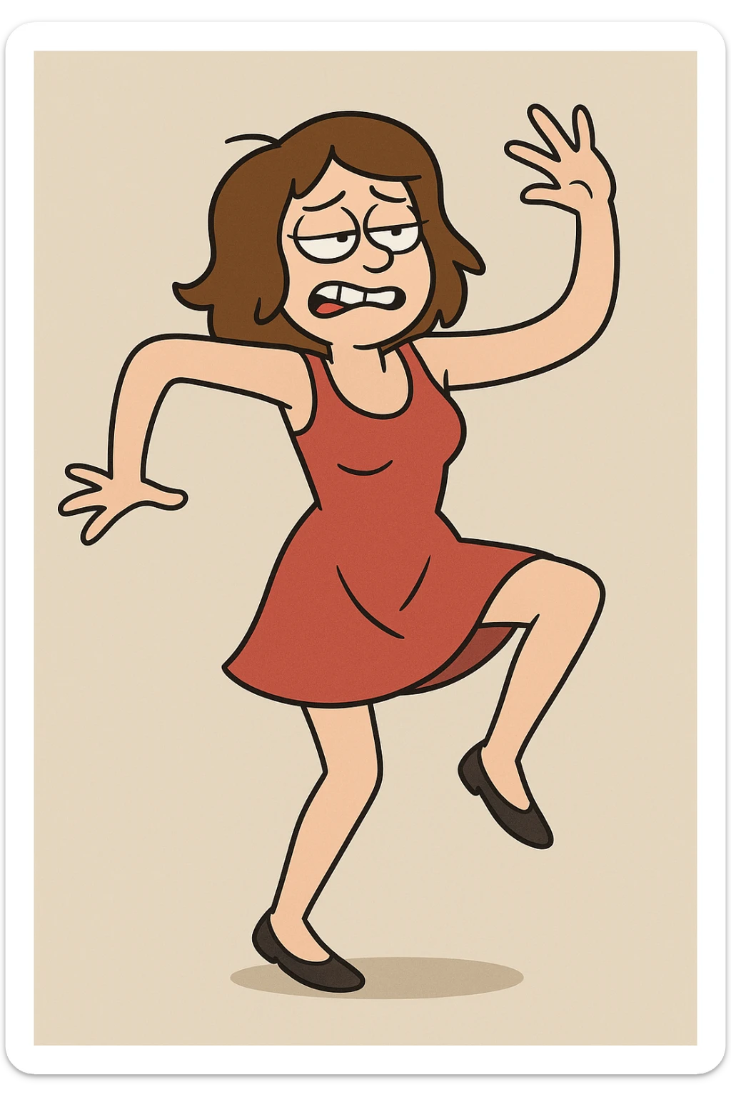 woman in a red dress with clumsy dance moves, humorous, lively, plain background sticker