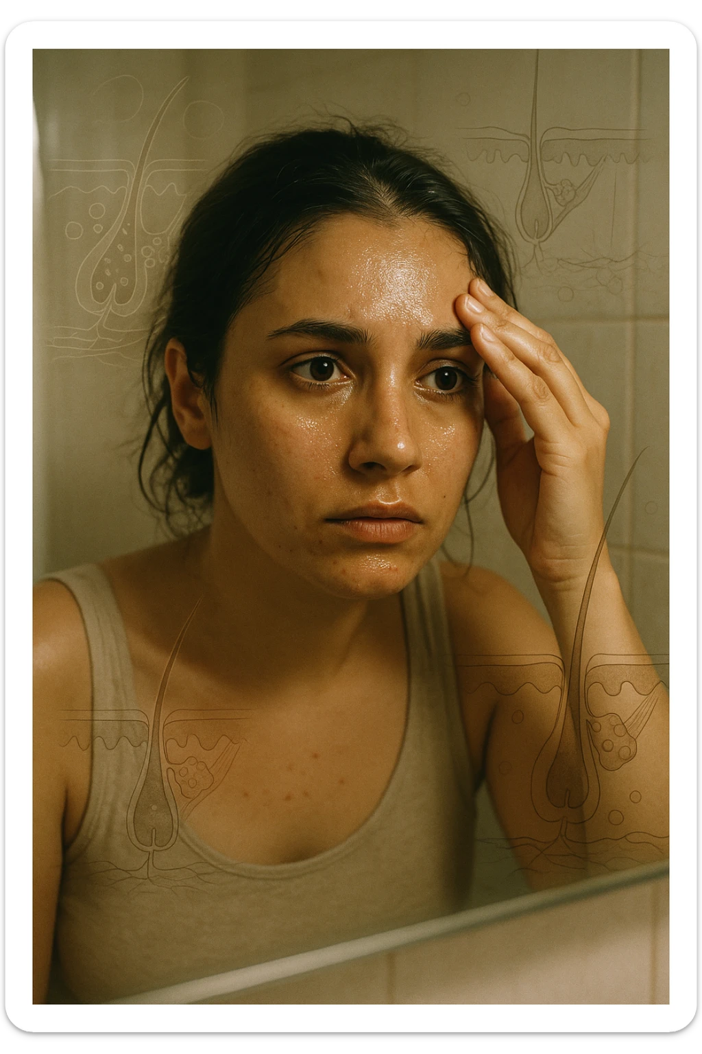 A realistic, cinematic portrait of a young woman in her late 20s with medium skin tone, sitting in front of a mirror in a softly lit bathroom. Her facial skin appears oily with a noticeable shine on her forehead, nose, and cheeks due to overactive sebaceous glands caused by PCOS. Small acne spots are visible along her jawline and chin, highlighting hormonal imbalance. She gently touches her forehead with her fingertips, checking the oiliness with a slightly concerned expression. Her dark hair is tied loosely, showing a few strands sticking to the sides of her face because of excess sebum. Subtle overlays of scientific diagrams of sebaceous glands can be softly blended into the background, symbolizing the overproduction of sebum. The atmosphere is clean and realistic, with warm daylight tones and a soft depth of field, ensuring emotional connection while maintaining medical educational value. 35mm film style, highly detailed skin texture and reflections on the oily areas for a hyperrealistic effect in italiano sticker