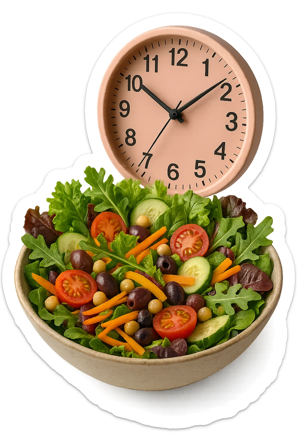 bowl con insalatona e orologio da muro rosa che le fluttua dietro che simboleggia una cena fatta in ritardo iperrealistici sticker