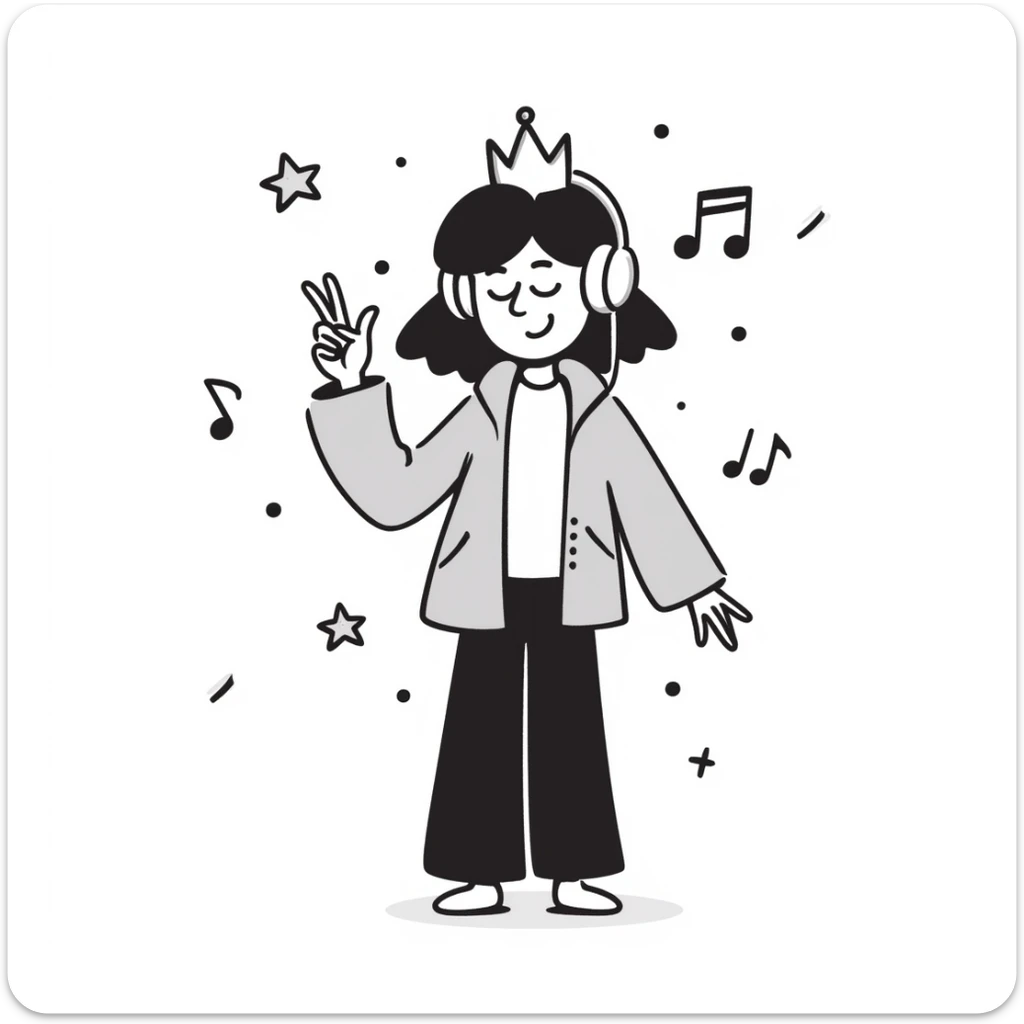 classic kids coloring fun style, line art coloring page of a smiling girl with a crown, headphones, hip-hop jacket, sneakers, giving a big peace sign, surrounded by floating music notes and stars, pure line art only, no shading, no borders, no grayscale, no solid black fills, portrait 1024x1536 sticker