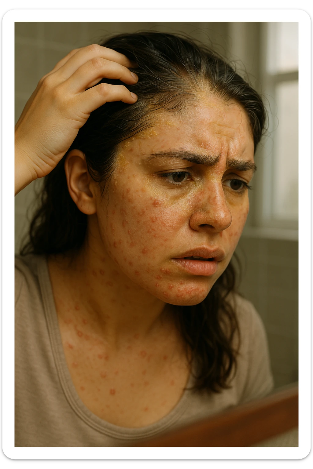 A highly realistic, cinematic close-up portrait of a young woman in her late 20s with medium skin tone, displaying visible folliculitis and seborrheic dermatitis. Small, red, inflamed follicular papules and pustules are scattered along her hairline, jawline, and upper neck, indicating folliculitis. Her scalp and areas around the nose and eyebrows show flaky, greasy yellowish scales, with redness and irritation, indicating seborrheic dermatitis. Her hair appears slightly greasy and clumps near the scalp, emphasizing excess sebum production. She gently touches her irritated scalp with concern while looking at herself in a softly lit bathroom mirror, expressing discomfort and frustration. The environment is neutral and clean, with daylight softly illuminating the scene to highlight the skin and scalp texture. The style is 35mm hyperrealistic, with warm neutral tones and shallow depth of field to maintain focus on her skin, inflammation, and emotional expression, visually explaining the physical discomfort and aesthetic concerns of living with folliculitis and seborrheic dermatitis sticker