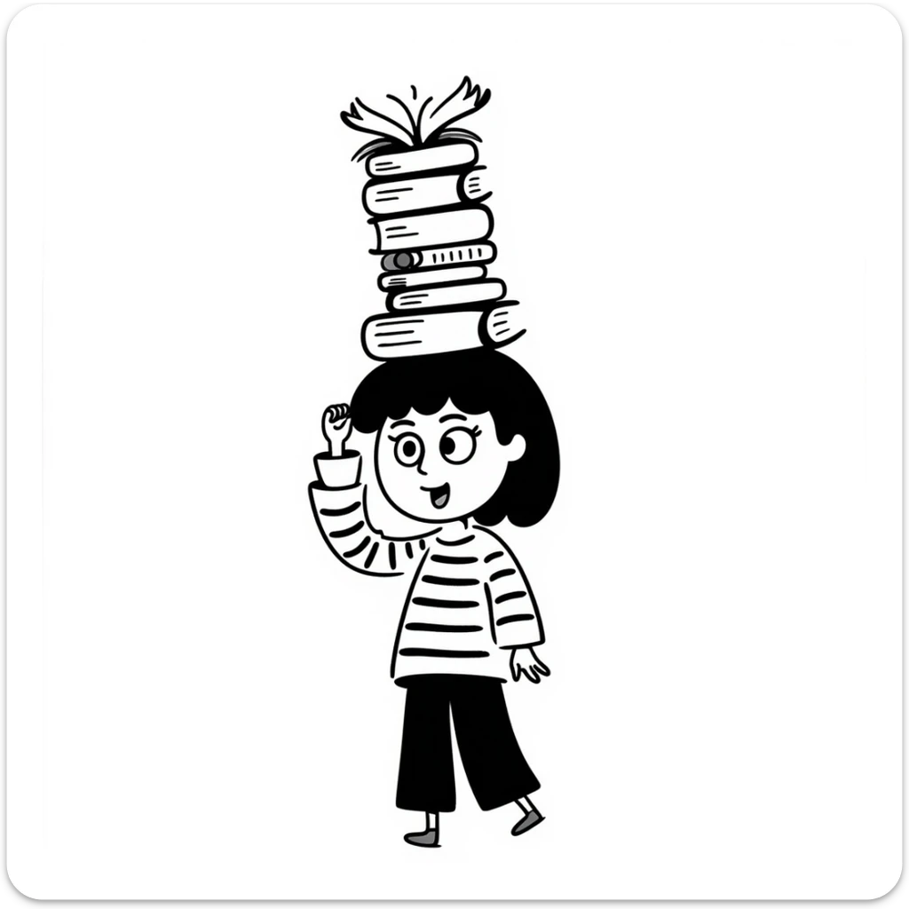 a person balancing a stack of books on their head, eyes wide and tongue out, playful doodle style sticker