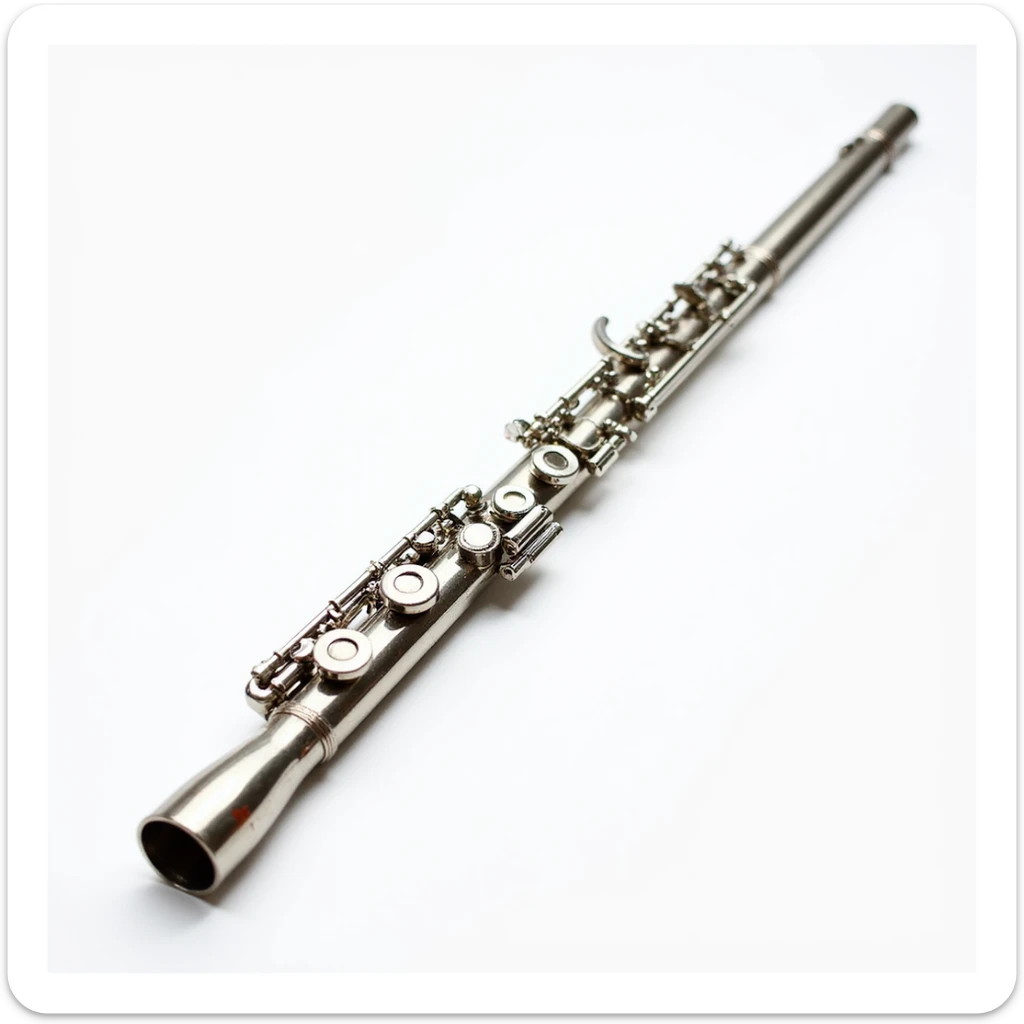 full-length view of metal flute with detailed buttons and mouthpiece, realistic, no human, suitable for a band, isolated on white background sticker