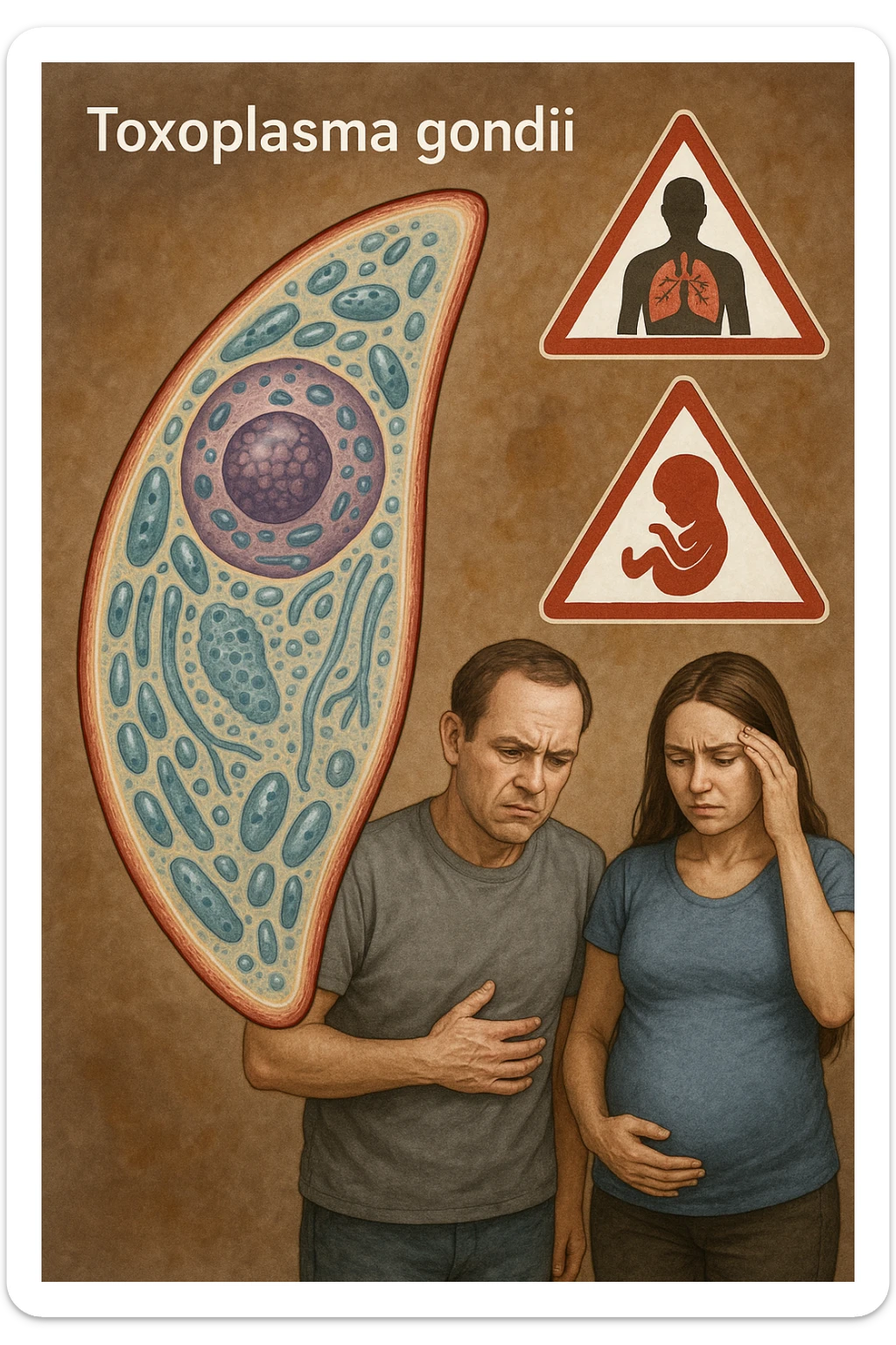 Toxoplasma gondii, infetta uomo immunodepresso e donne incinta. Causando gravi problemi tutto scritto in italiano immagine realistica sticker