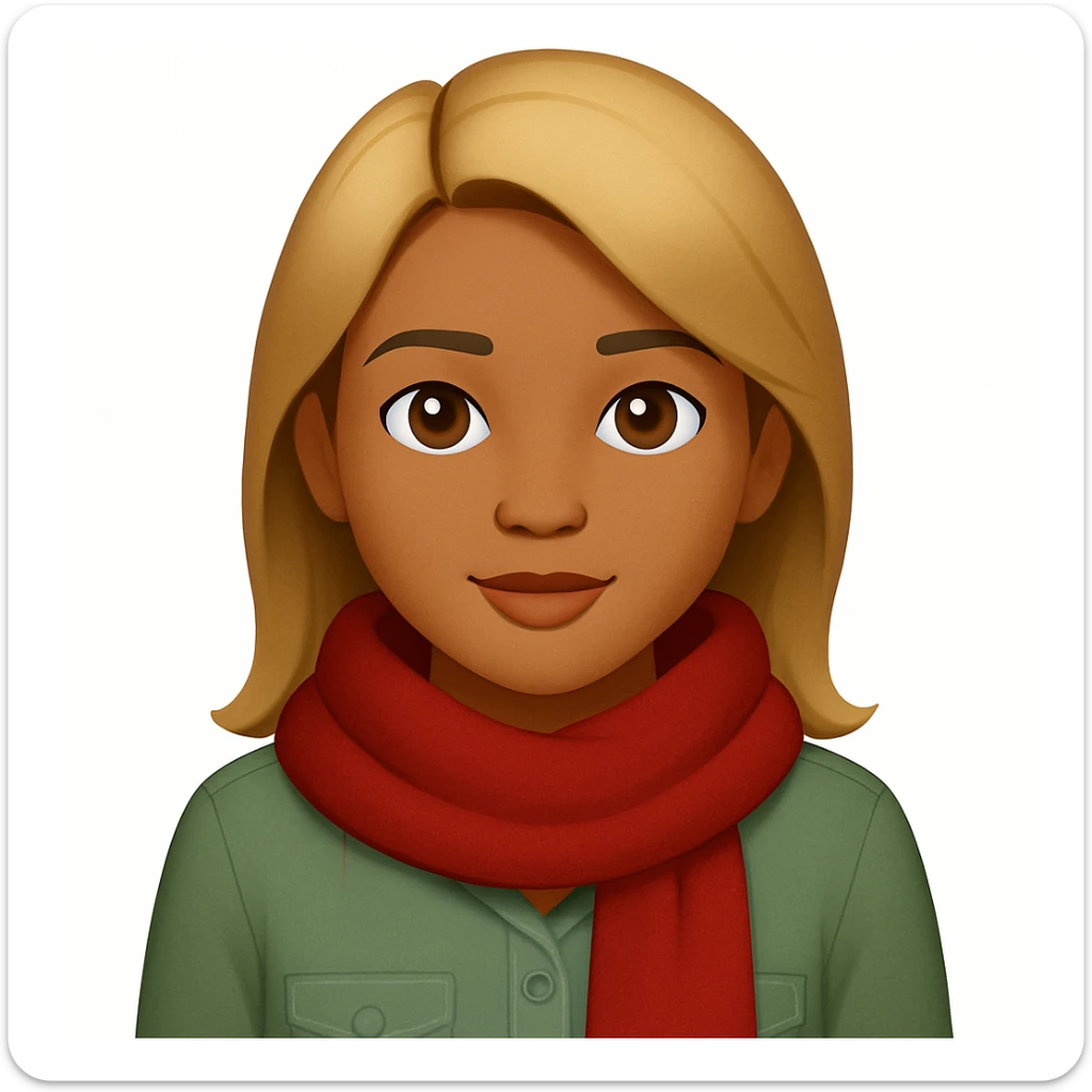 Edit the image of a girl with wheatish complexion, light green shirt, and jeans to change the scarf color to red. Keep the rest of the image the same. The original style is emoji style, so maintain a simple and clean emoji-like appearance. sticker