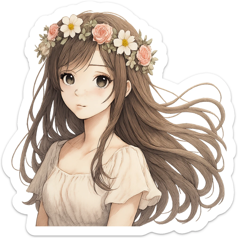 realistic anime style girl with long flowing hair and a flower crown sticker