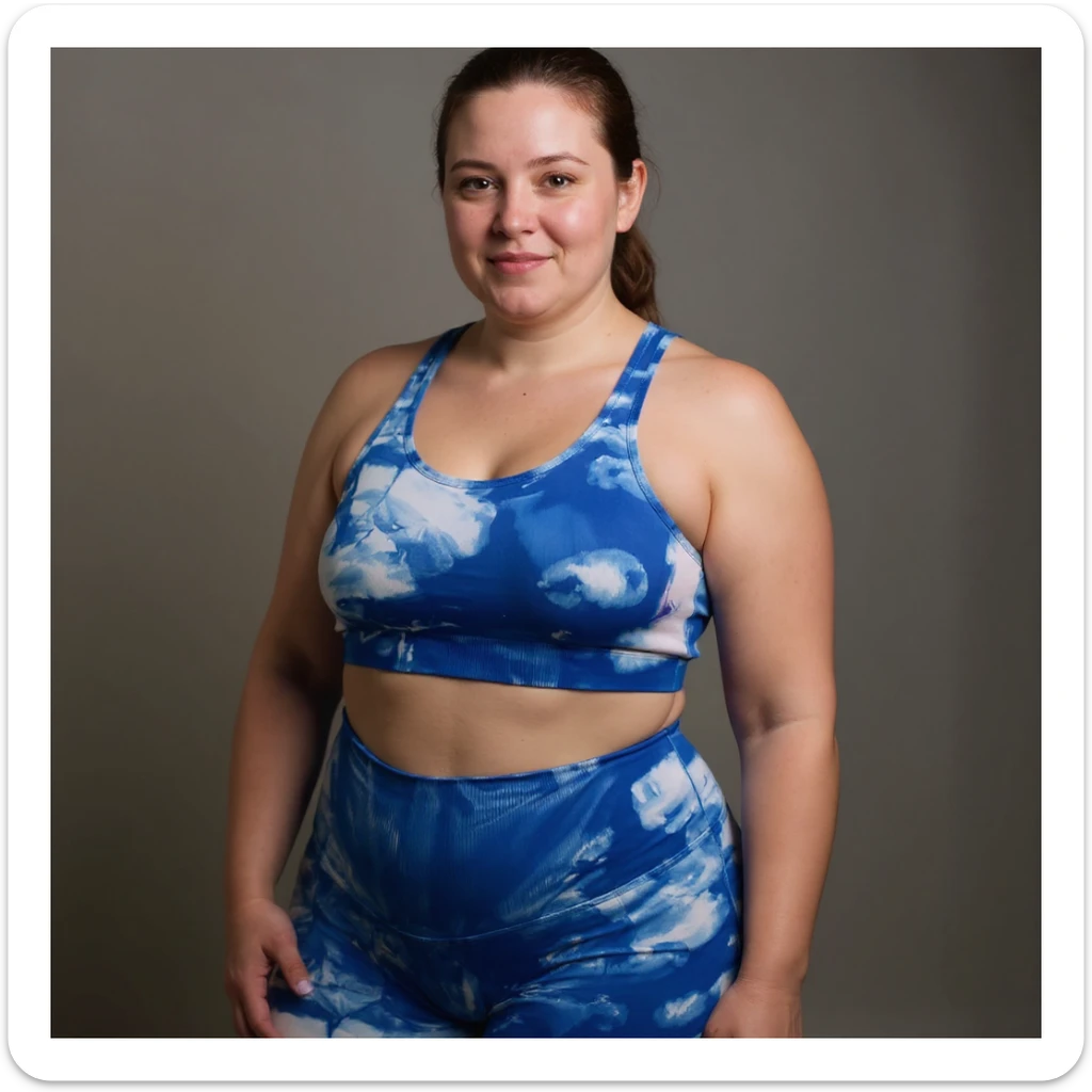 Realistic style image of a woman in sportswear inspired by the reference photo, showing evident water retention and swelling on the abdomen and hips, natural pose, neutral background. sticker