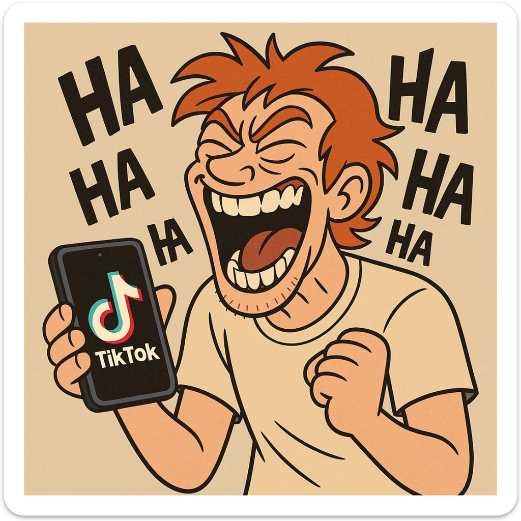 redhead with messy hair, laughing maniacally at a phone showing TikTok, vibrant and chaotic cartoon style sticker