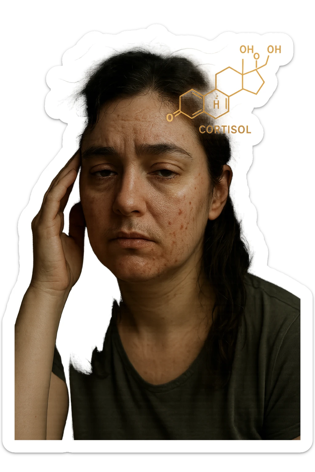 realistic and cinematic portrait of a woman with PCOS showing symptoms of stress, fatigue, insomnia, acne, hirsutism, irregular cycle, visual elements representing elevated cortisol hormone, no background, 2:3 aspect ratio sticker