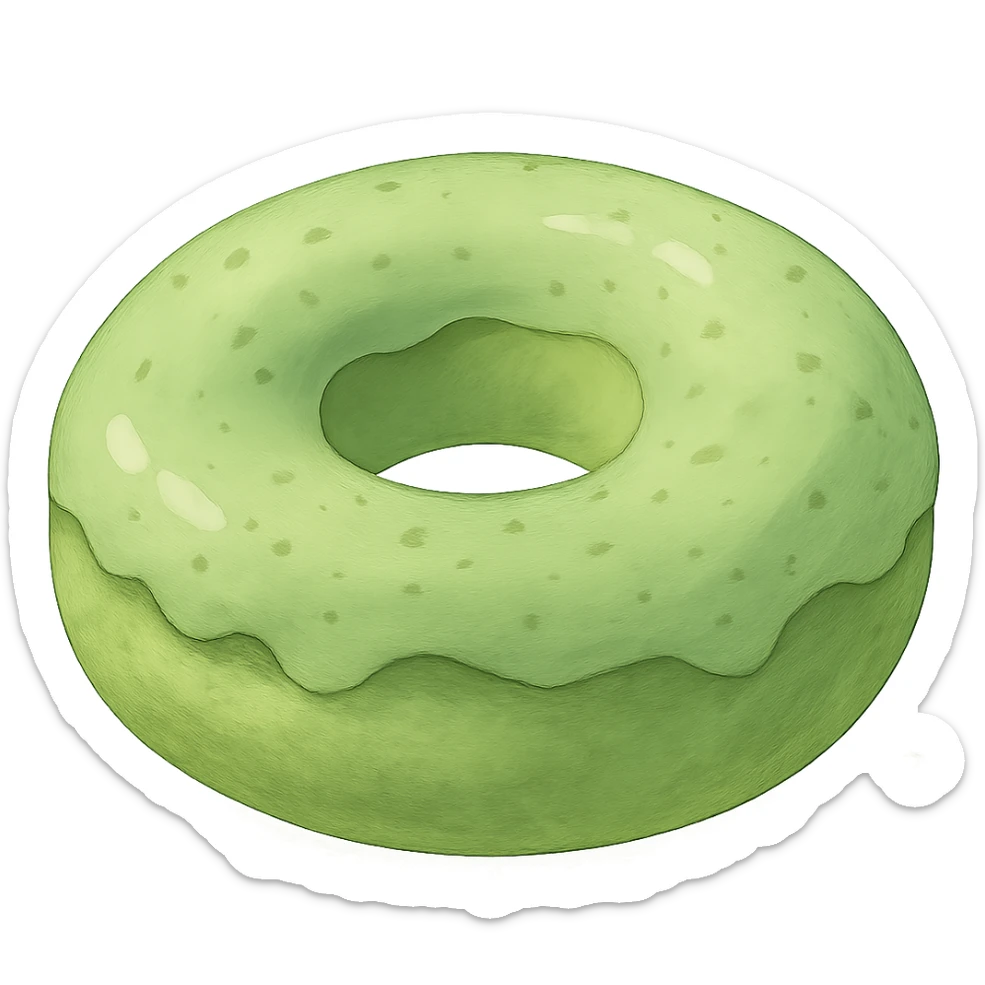 Donut in Ghibli style, detailed, soft green colors, with no background sticker