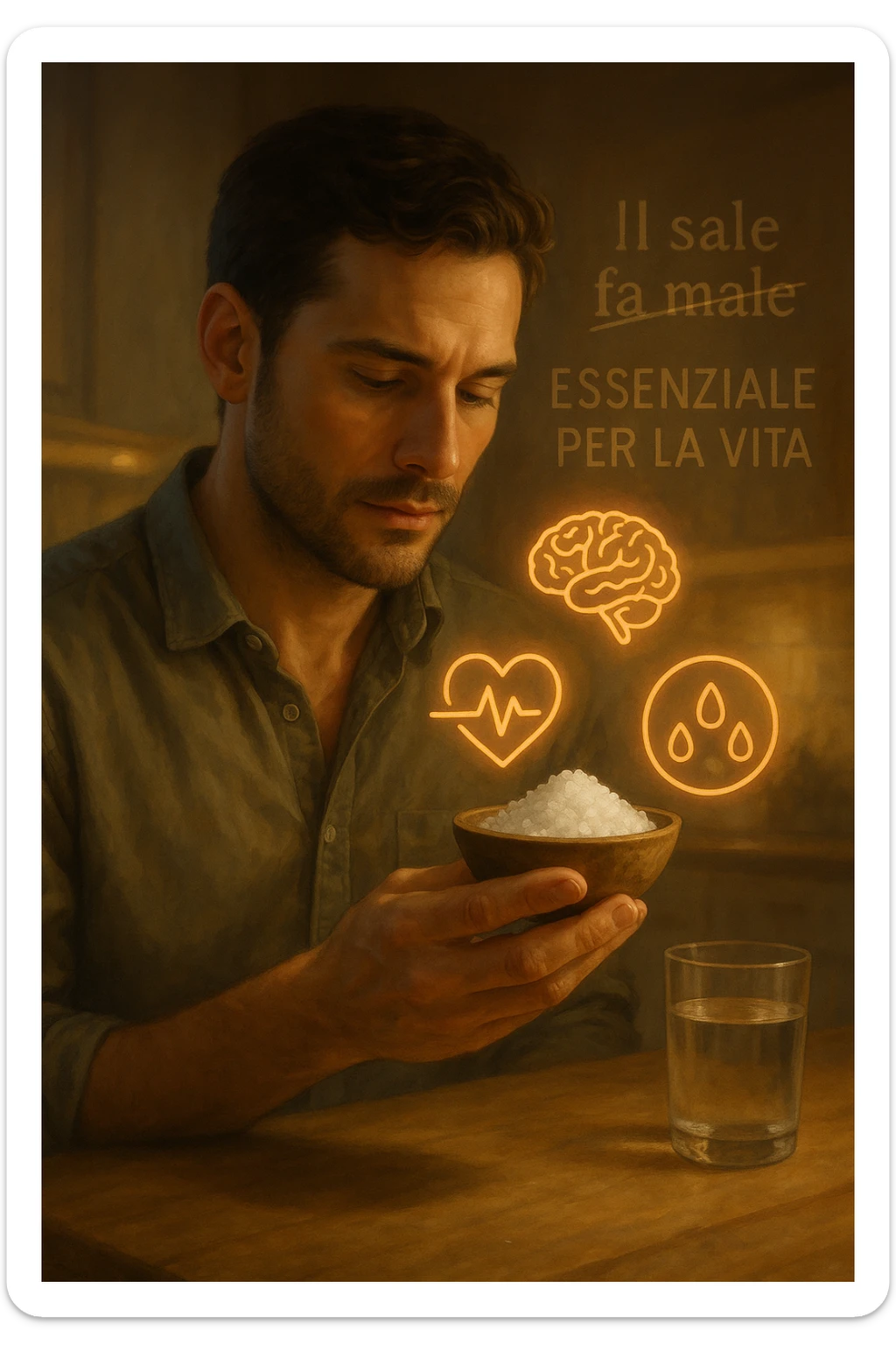 A realistic, cinematic illustration of a man in his early 30s holding a small bowl of unrefined sea salt in his hand, looking at it with awareness and respect. Around him, glowing minimalistic symbols of a beating heart, a brain, and hydrated cells appear, indicating the essential role of sodium in hydration, nerve conduction, and overall cellular health. In the background, faint text or floating words show the false myths: ‘Il sale fa male’, crossed out gently, while the phrase ‘Essenziale per la vita’ glows softly. The setting is a warm, softly lit kitchen with a glass of water nearby, emphasizing balance. The color palette is warm, natural, and calming, emphasizing that salt, when used consciously, is vital for human health, against common misconceptions demonizing it. sticker