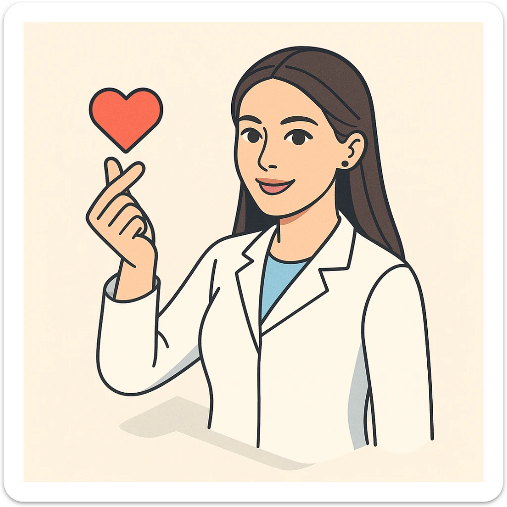 A 2D isometric style illustration of a female doctor with dark long straight hair and detailed brown eyes (not just dots), wearing a white coat. She is smiling and reaching into the frame with a heart gesture. Minimalist background. The appearance matches the reference image. sticker
