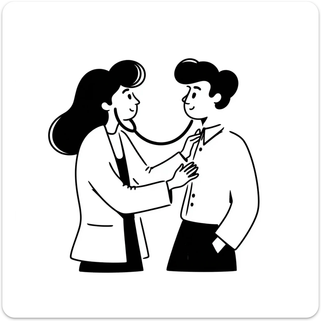 Female doctor in medical attire performing thorough examination of male patient's upper body, checking heart and lungs with stethoscope sticker