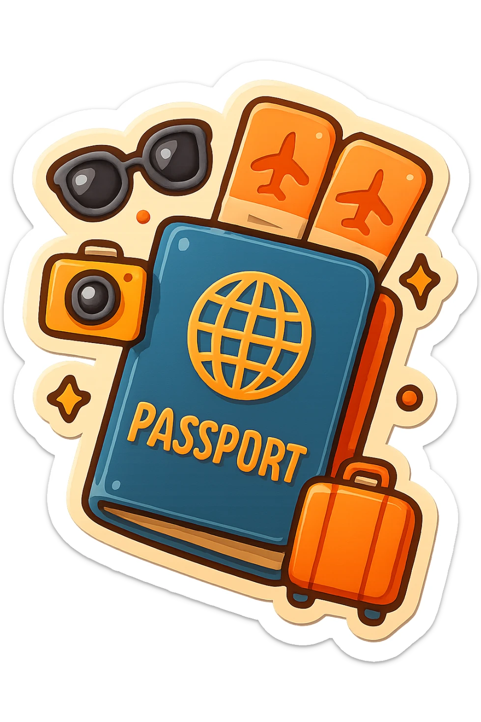 playful retro sticker-style illustration of a passport with two airline tickets sticking out, surrounded by small travel icons like camera, sunglasses, suitcase, bold outlines, smooth forms, glossy expressive highlights sticker