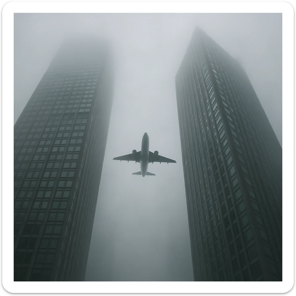 two skyscrapers and a plane that flyes to them, realism style, foggy sticker