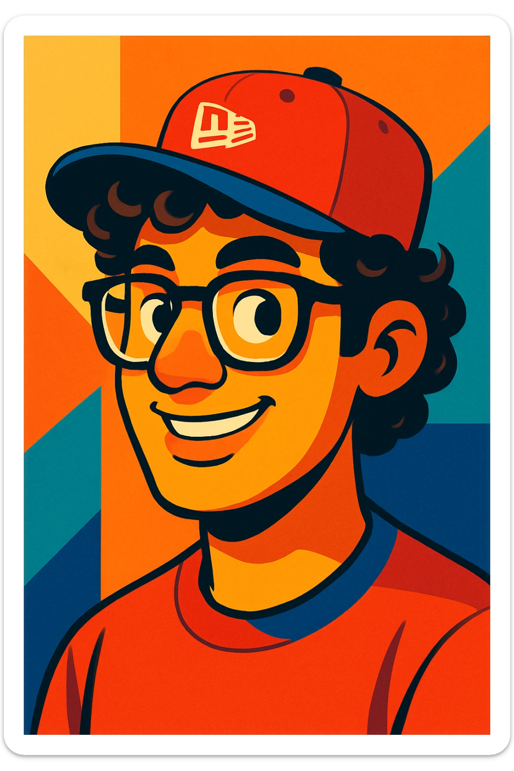 man with a New Era cap, curly hair, and glasses, realistic cartoon style sticker