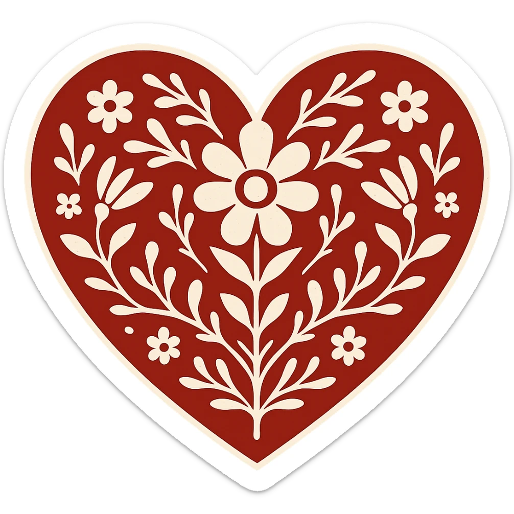 Add a white outline around the motif so it stands out against the red heart. Keep the motif simple and bold, maintain the red color and the border around the heart. The style should be Slavic folk art. Transparent background. sticker