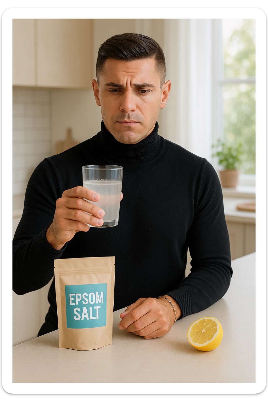 A realistic, bright photo-style image of a young man in his 30s standing in his kitchen, holding a clear glass filled with water in which Epsom salt (magnesium sulfate) has been dissolved. He looks focused but slightly uncertain as he prepares to drink it for a liver flush or digestive cleanse. The glass shows slight cloudiness from the dissolved salt. On the counter are a packet labeled 'Epsom Salt' and a sliced lemon, suggesting he might use it to mask the taste. The setting is clean, natural, and bright with neutral tones. The background shows sunlight streaming through a window, emphasizing a clean, minimalist health-focused environment. The mood conveys a realistic, calm moment of self-care with a hint of discomfort, illustrating a natural detox practice sticker