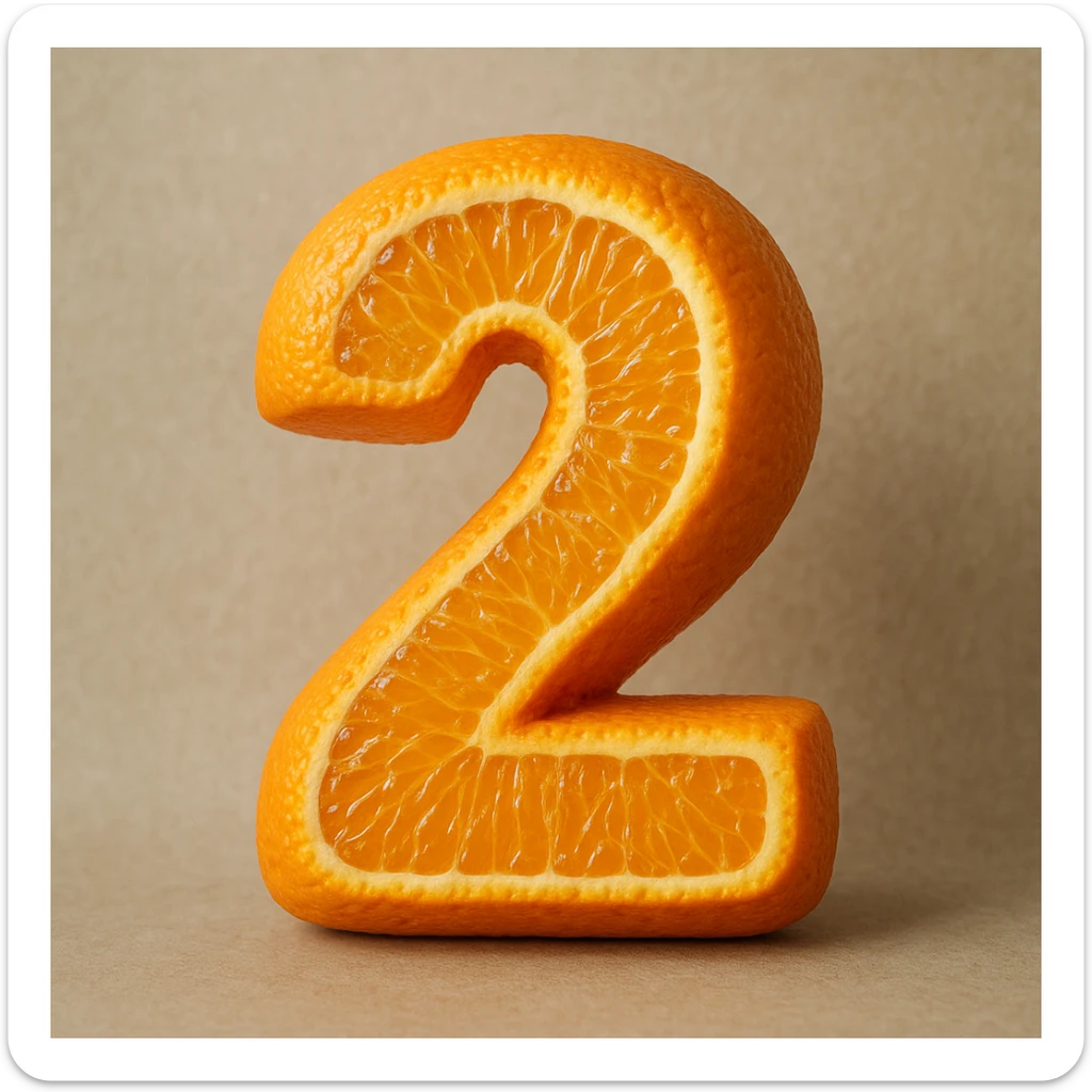 realistic textured number 2 made out of orange, with detailed peel and juicy segments sticker