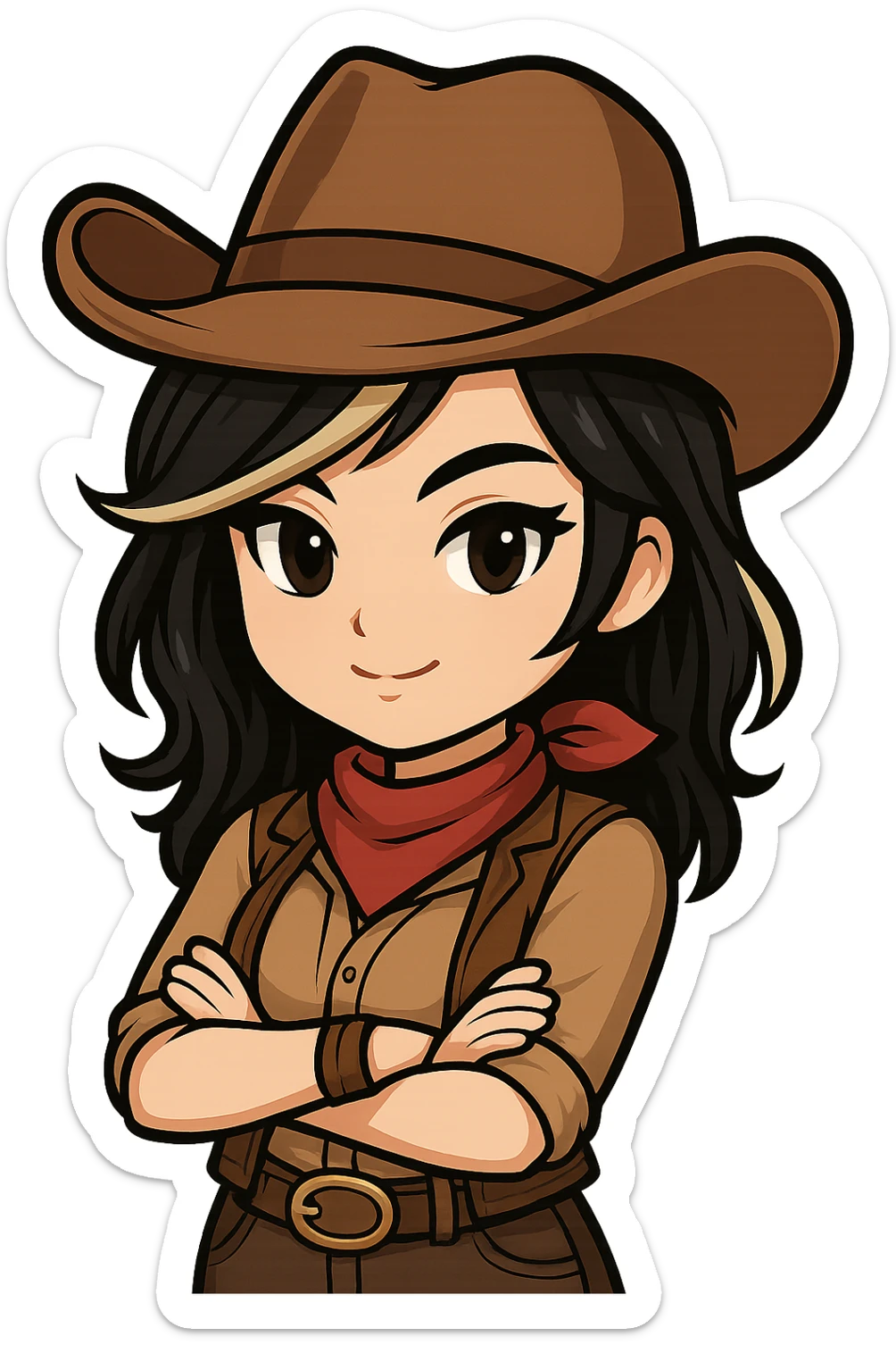 Chibi cowgirl with slightly longer hair and a blonde streak, wearing a cowboy hat and western outfit, no guns, chibi/anime style, transparent background, sized for Twitch or Discord use. Pose: arms crossed, confident expression. sticker