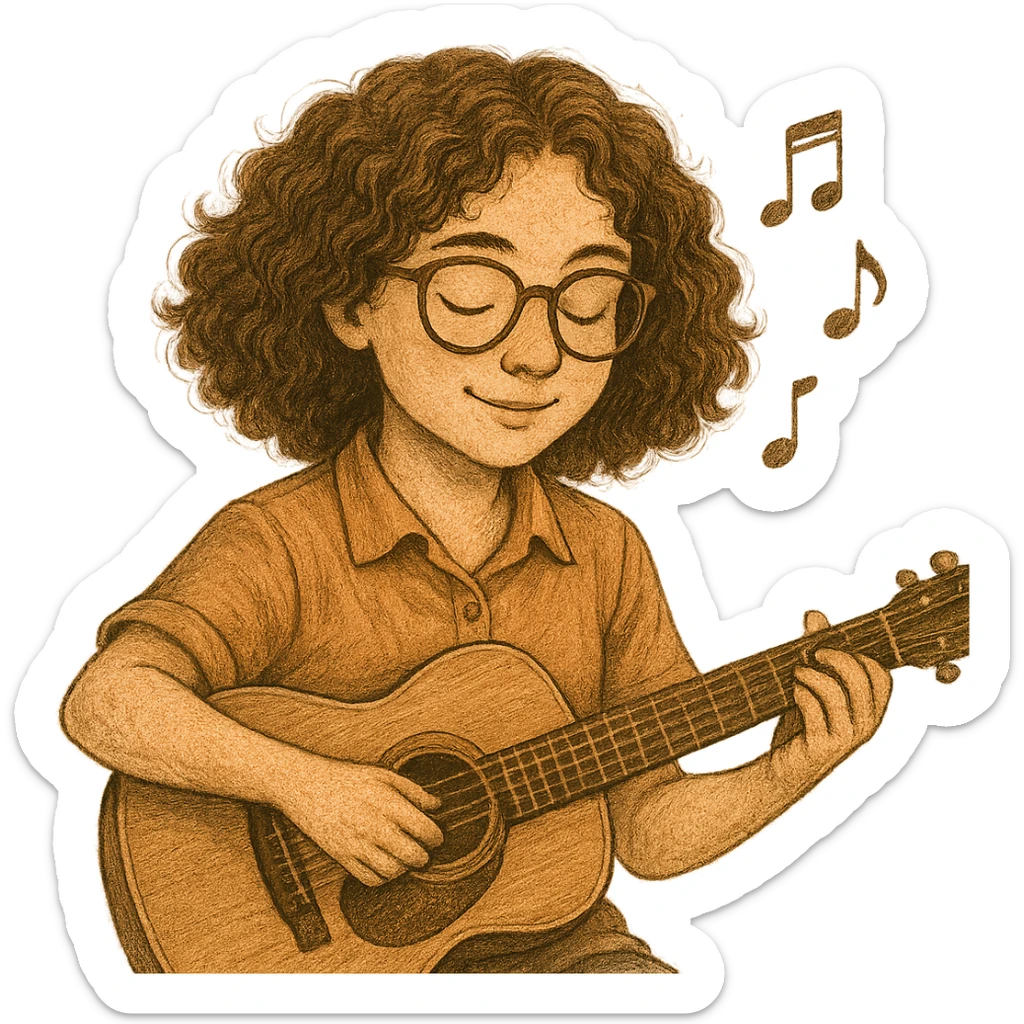 A curly and brown-haired girl with brown-framed glasses, wearing a shirt, playing the guitar, symbolizing music therapy, detailed, warm and soothing ambiance sticker
