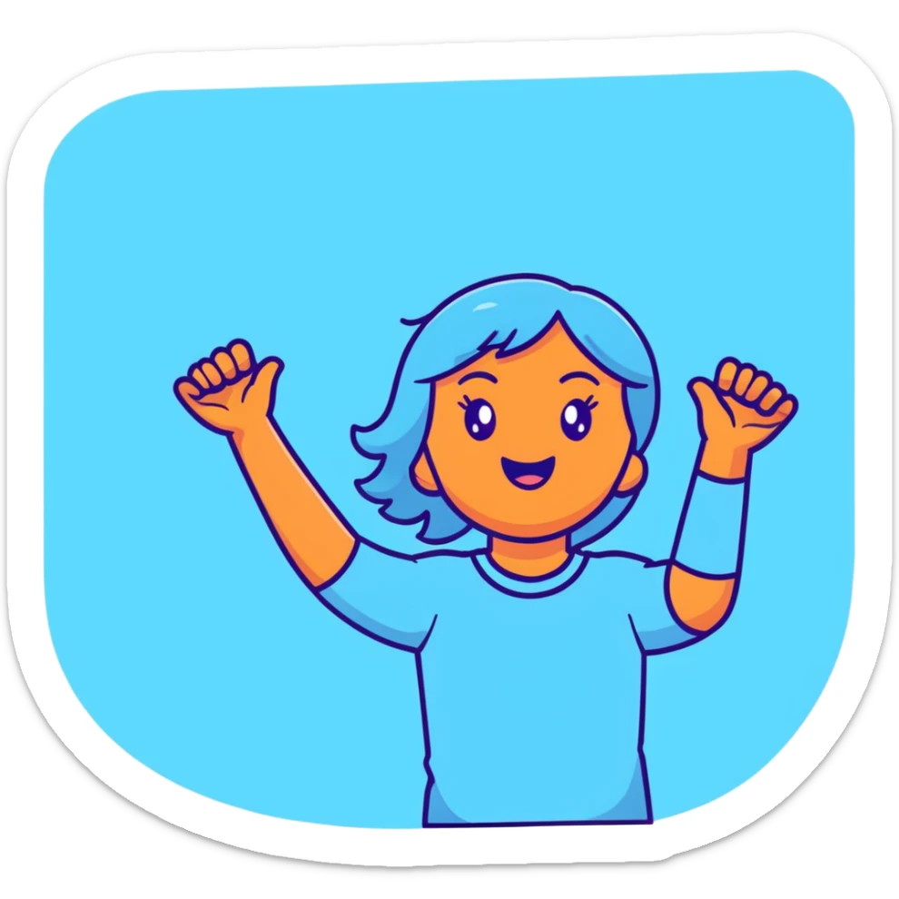 girl wearing pastel blue clothes with arms raised in joy making a hurray celebration gesture sticker