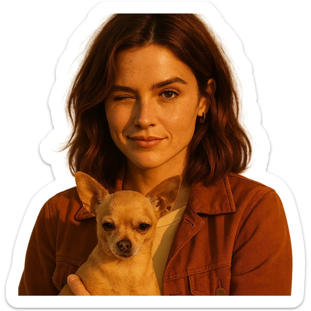 portrait centered of a woman inspired by Zoe Deutch's face, tanned complexion, subtle freckles, playful and determined expression, medium-length brown hair with auburn highlights, wearing a shirt color #FFF8CA and a rust-colored jacket, holding a beige-brown chihuahua, golden hour lighting effect, transparent background, Netflix series style sticker