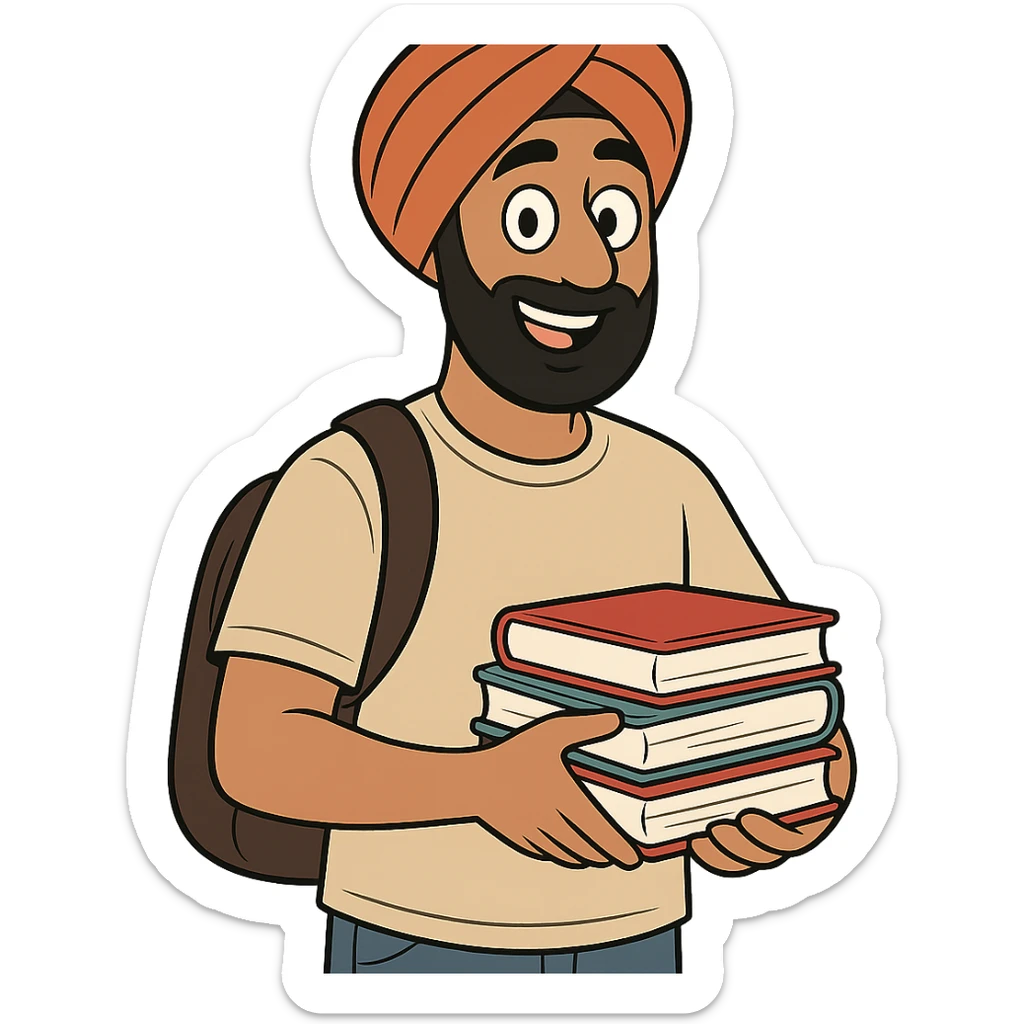 university sikh boy cartoon style wearing a turban casual student outfit holding books friendly expression sticker