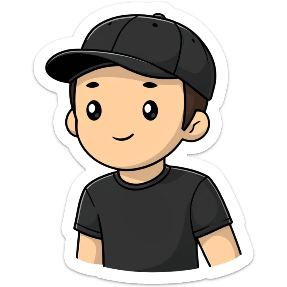 a white bro with brunette hair, wearing a black cap and a black shirt sticker