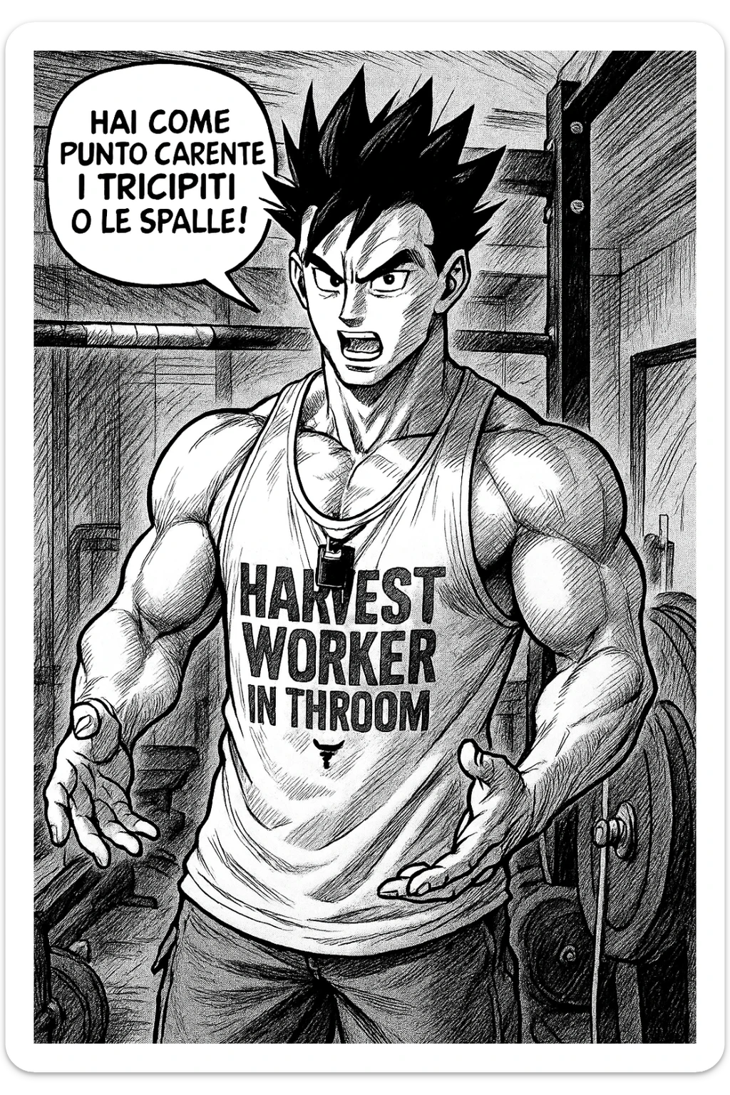 Personal trainer che dice al suo allievo, "hai come punto carente i tricipiti o le spalle!" Stile manga di Dragon Ball sticker