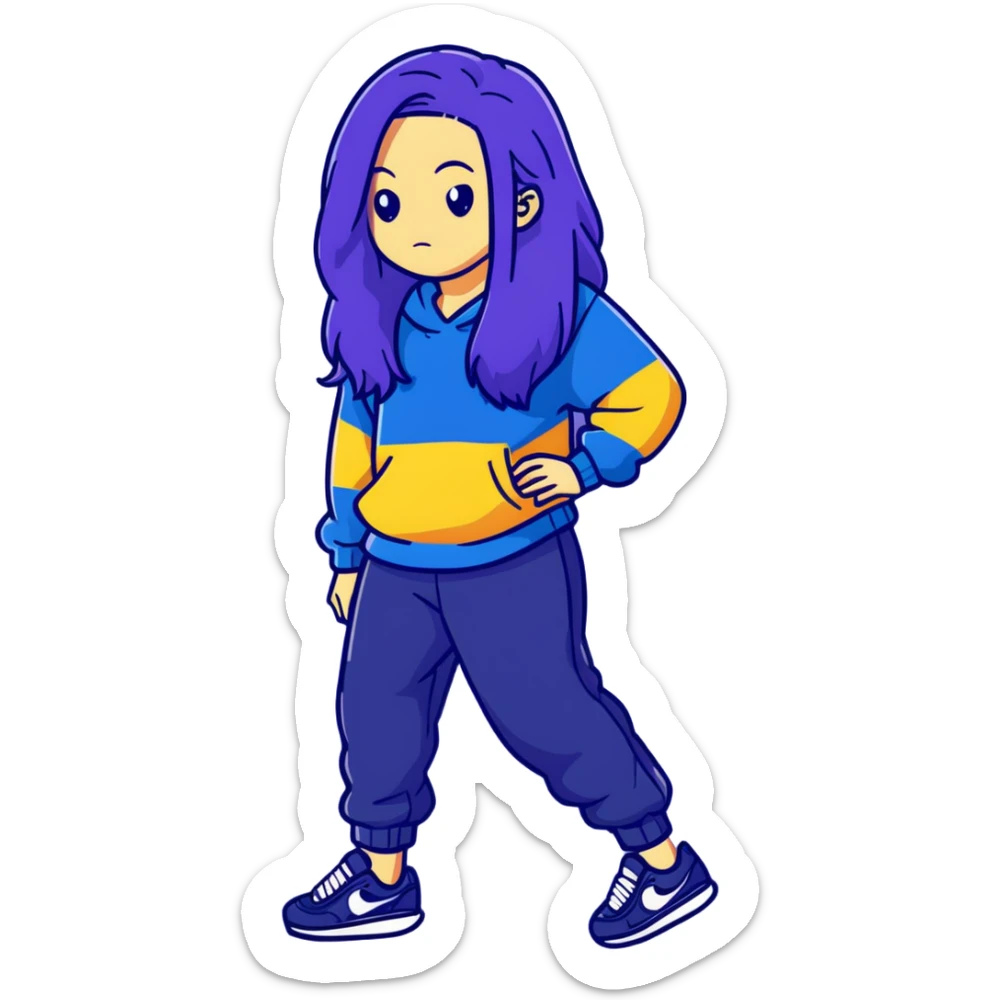 female with slim hourglass shaped body, purple long hair, wearing a blue sweater, dark blue sweatpants, and black sneakers, full body view sticker