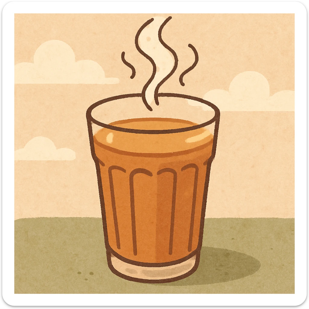 cartoon style illustration of a glass of karak tea, with steam rising, warm colors, inviting and cozy feel sticker